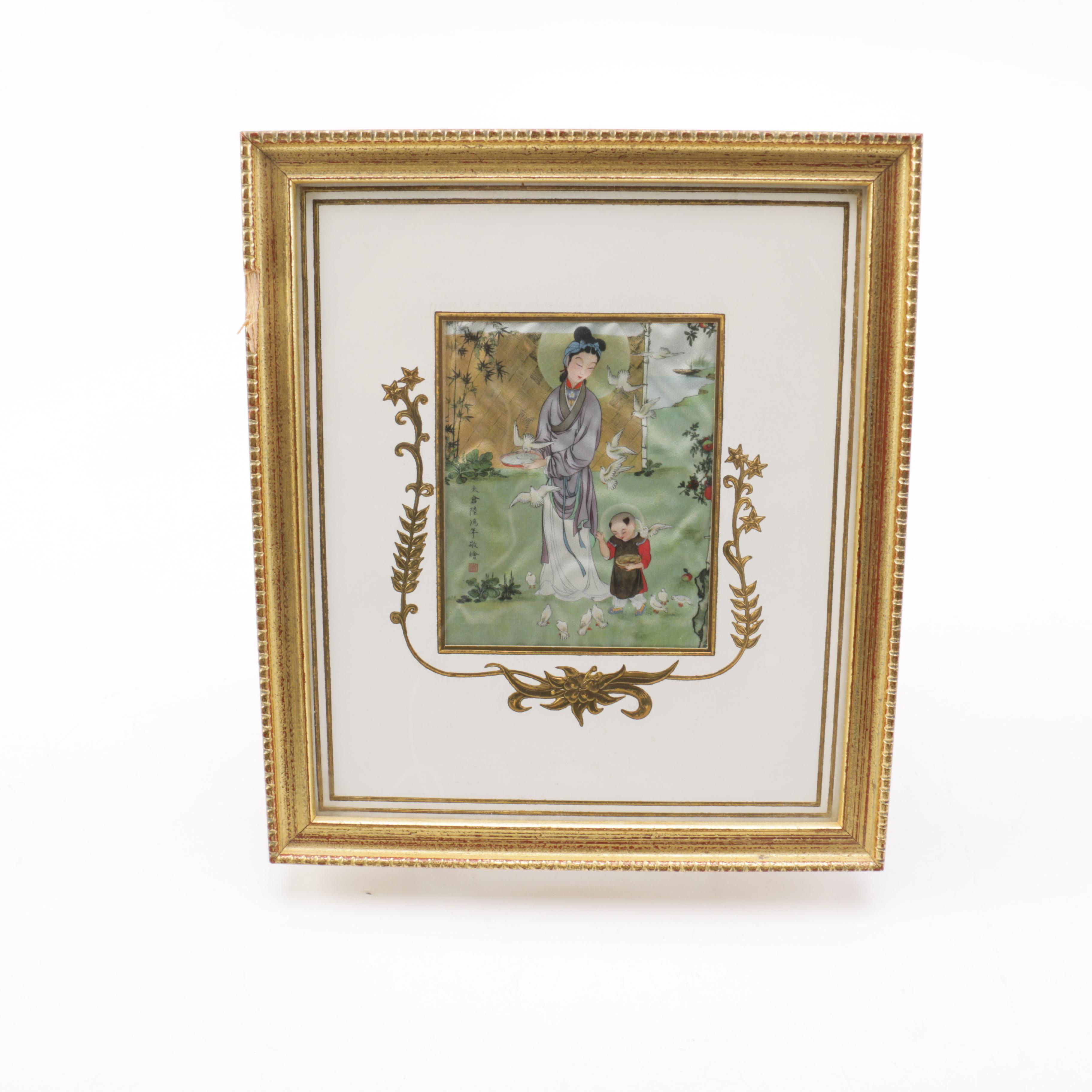 Reproduction Silk Painting by Lu-Hung-Nien after "Madonna of the Doves"