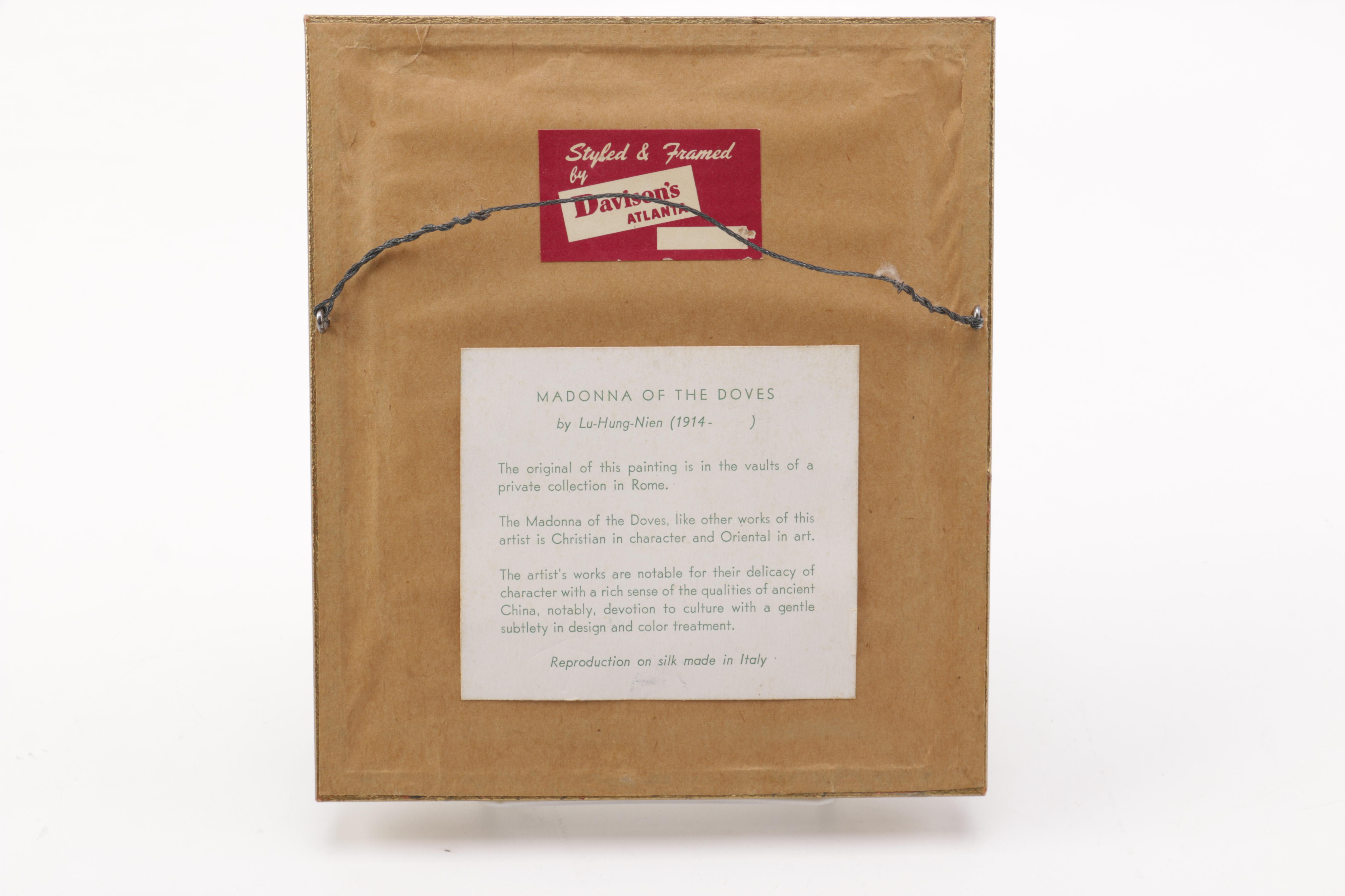 Reproduction Silk Painting by Lu-Hung-Nien after "Madonna of the Doves"