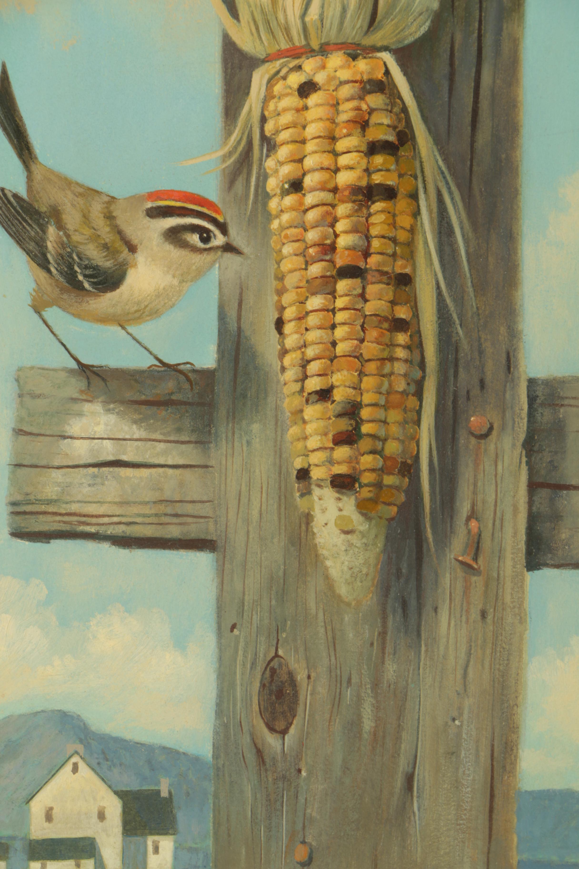 Paul Riba Oil Painting on Panel of Bird Eating Corn