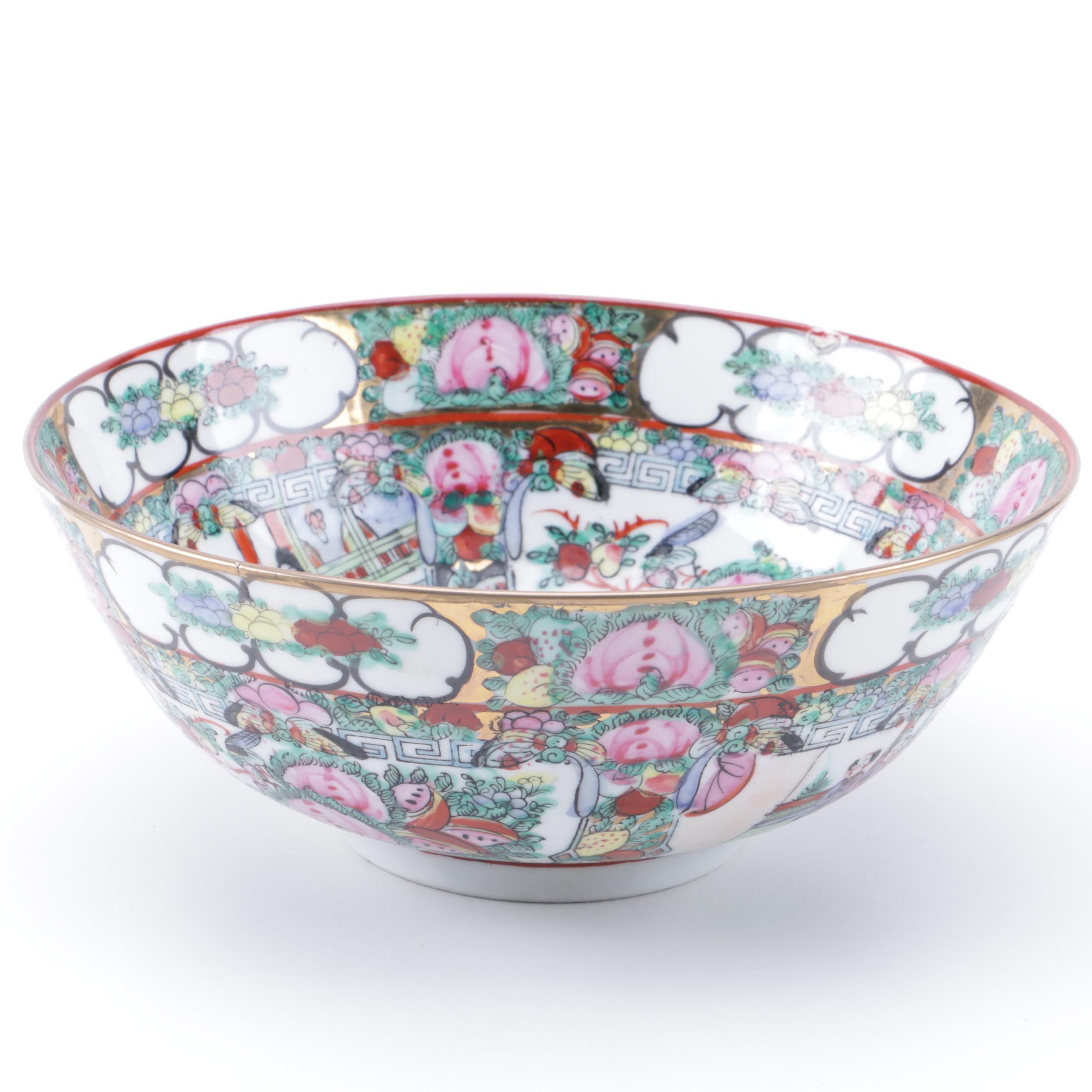 Chinese Hand-Painted Rose Medallion Style Footed Porcelain Bowl