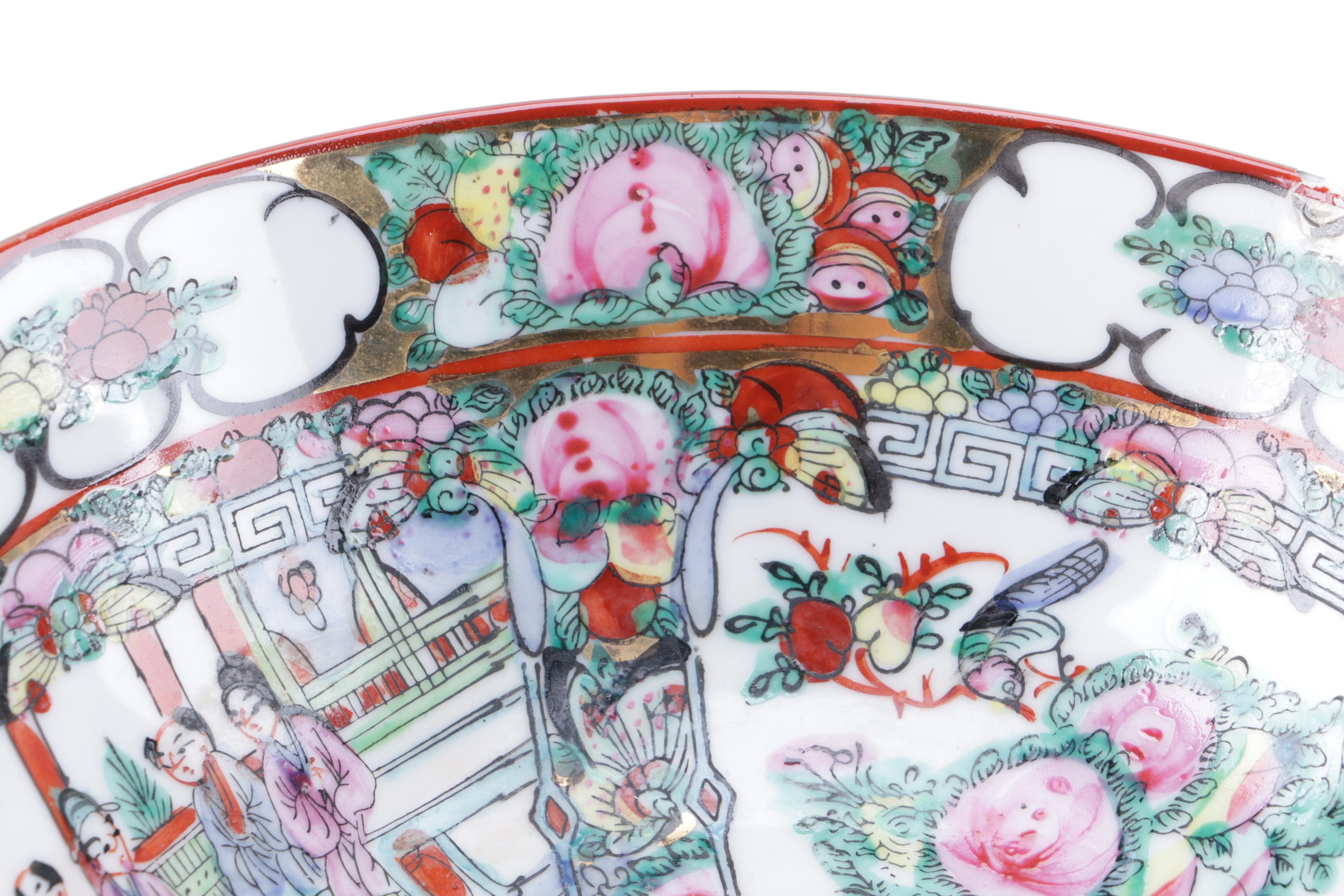 Chinese Hand-Painted Rose Medallion Style Footed Porcelain Bowl