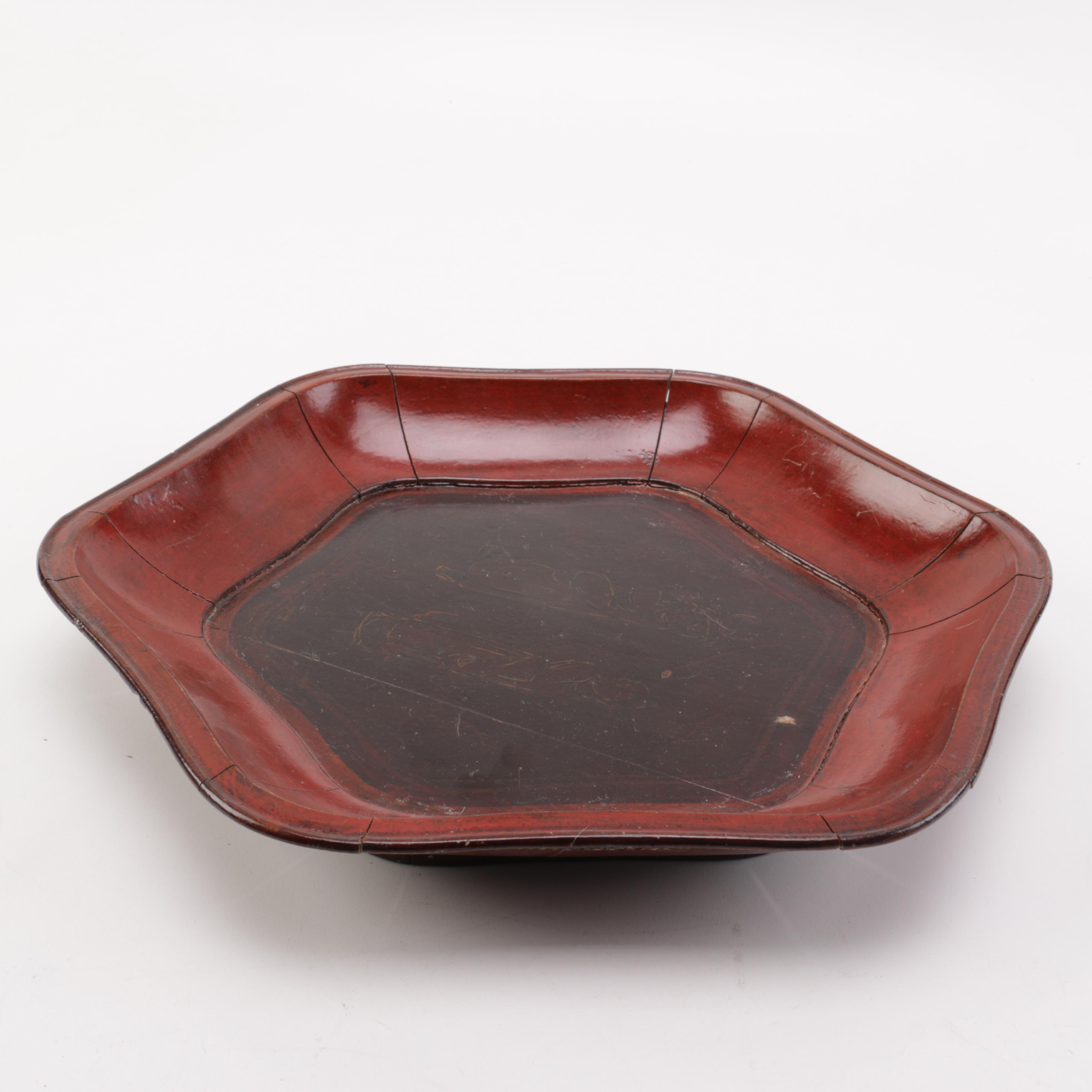 Vintage Hand-Made Linhai Chinese Hexagon Wood Plate