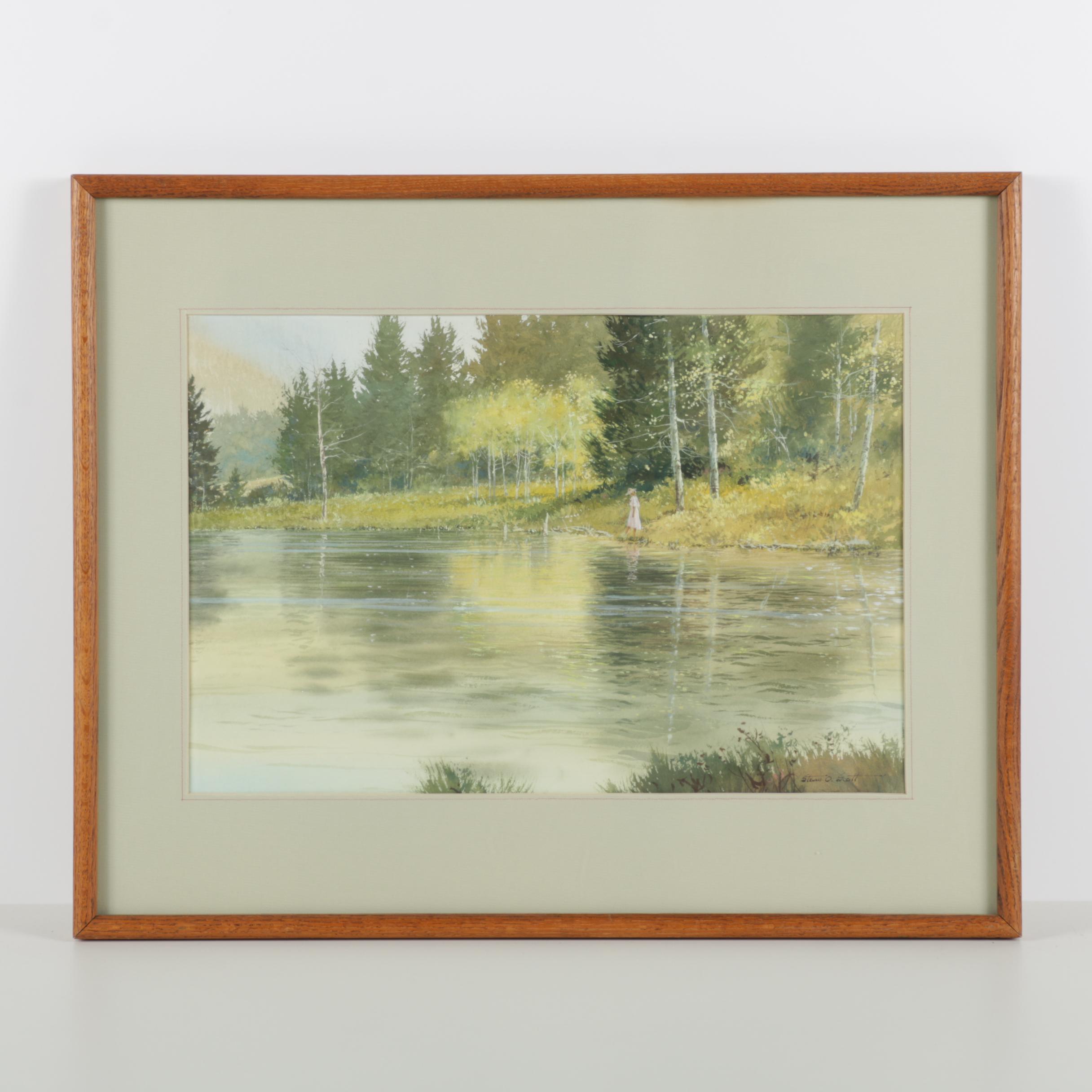 Steven O. Scott Gouache Painting on Paper of Lake Scene