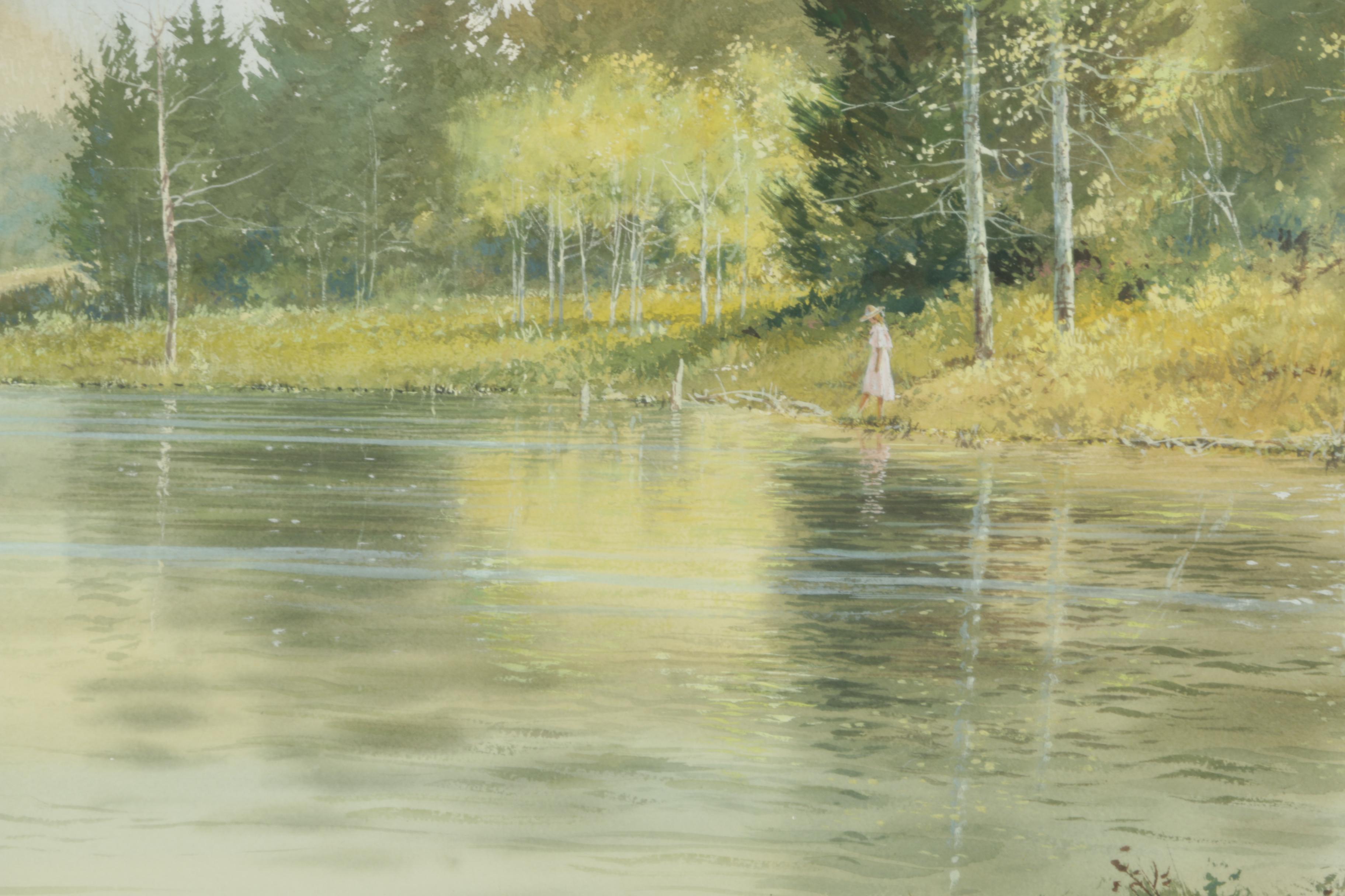 Steven O. Scott Gouache Painting on Paper of Lake Scene