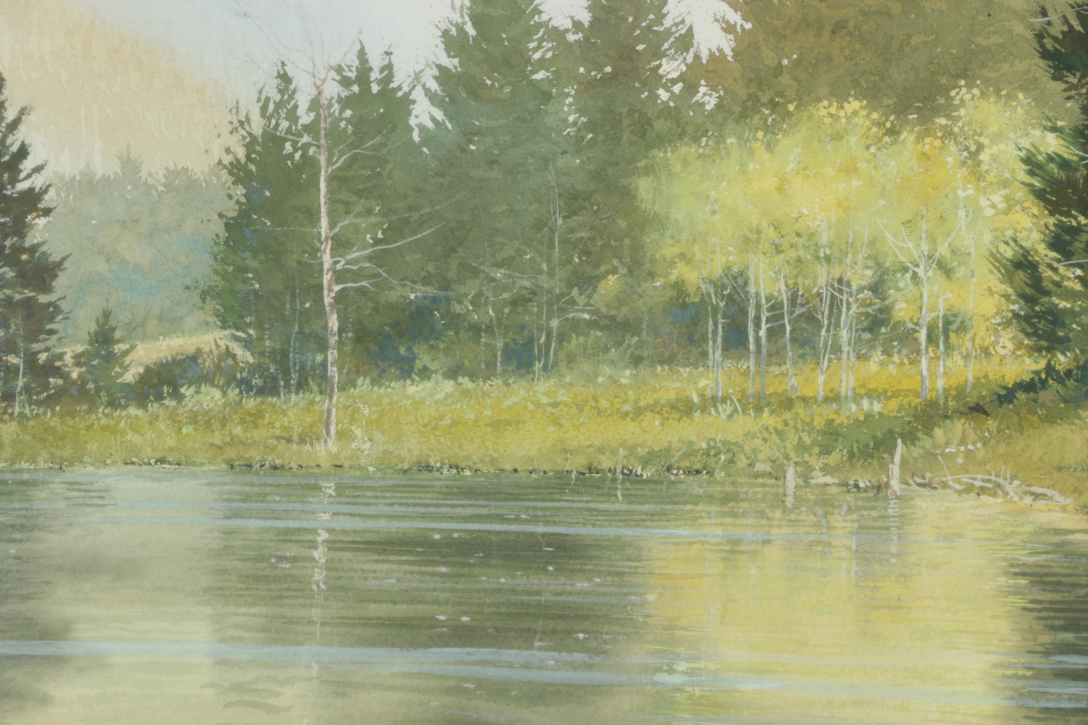 Steven O. Scott Gouache Painting on Paper of Lake Scene