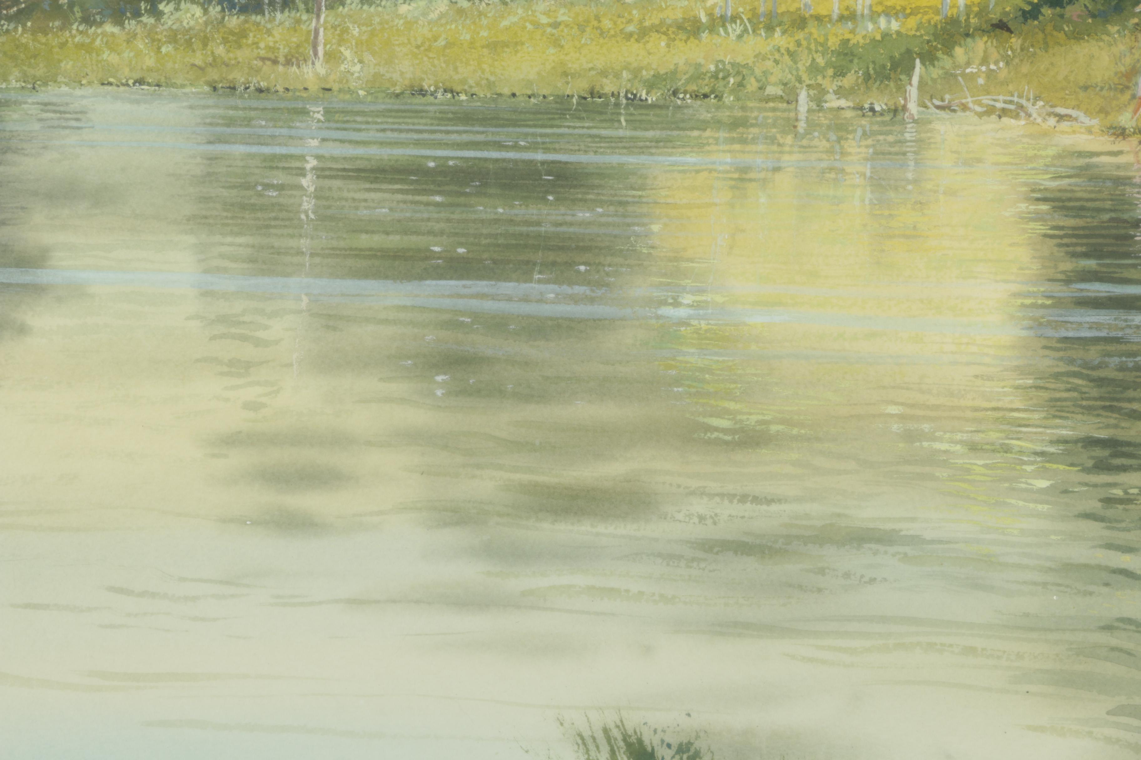 Steven O. Scott Gouache Painting on Paper of Lake Scene