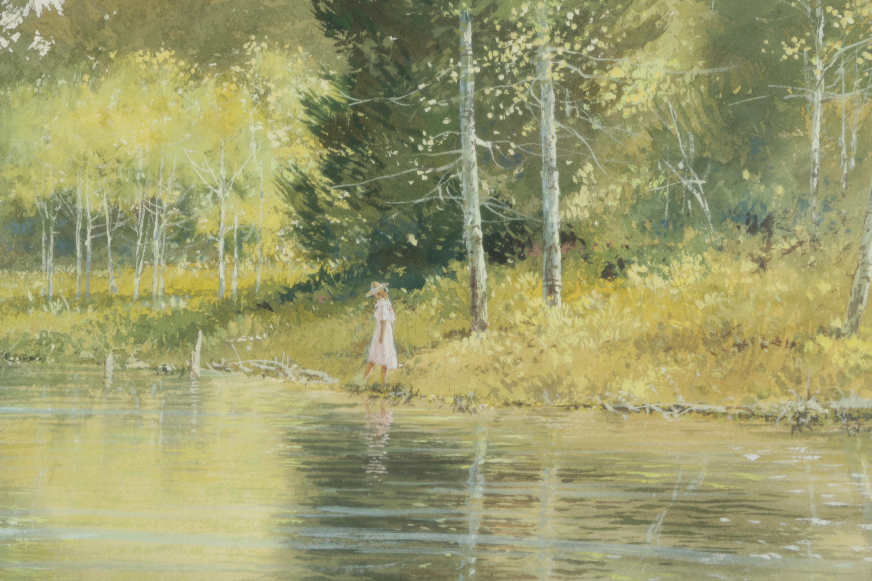 Steven O. Scott Gouache Painting on Paper of Lake Scene