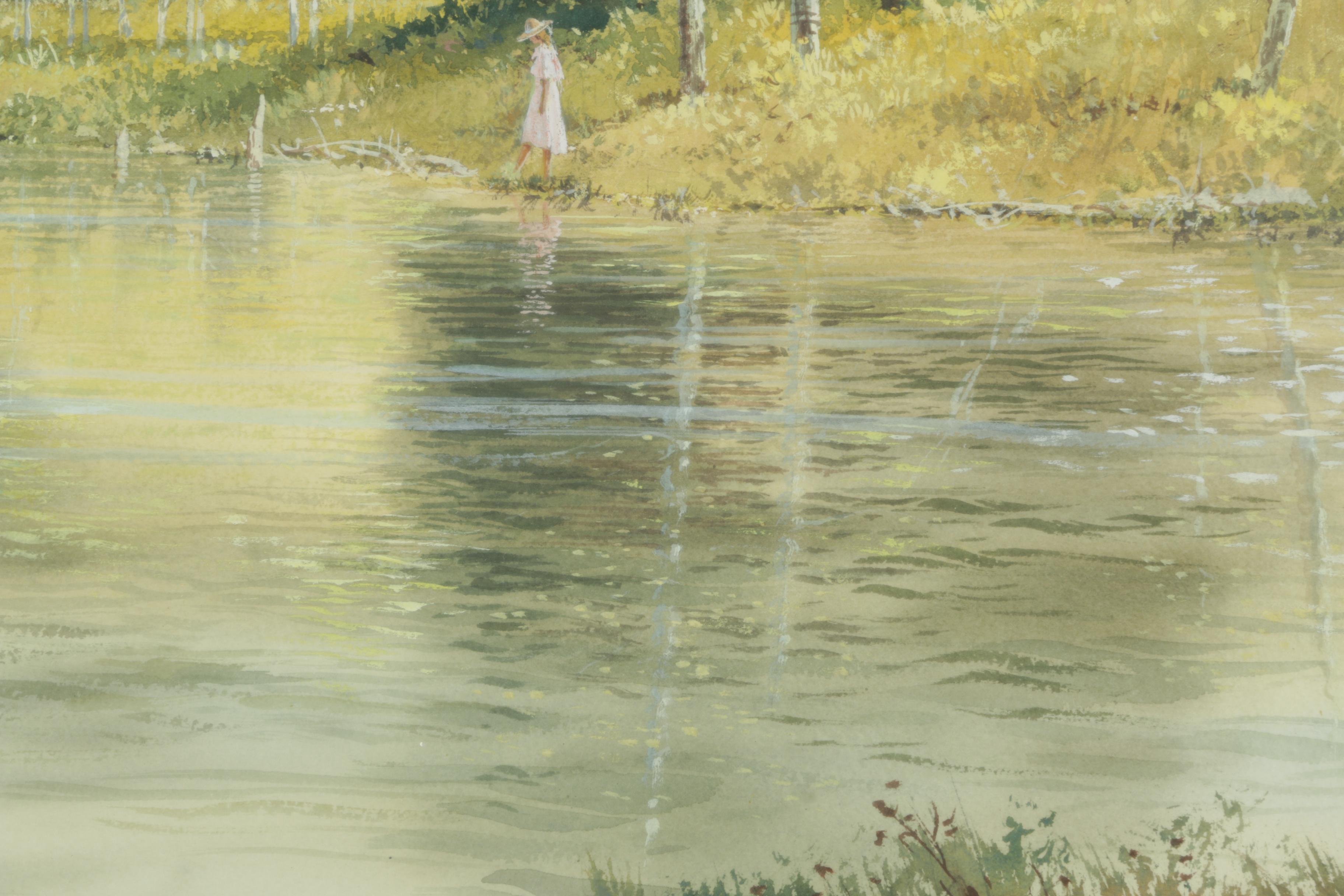 Steven O. Scott Gouache Painting on Paper of Lake Scene