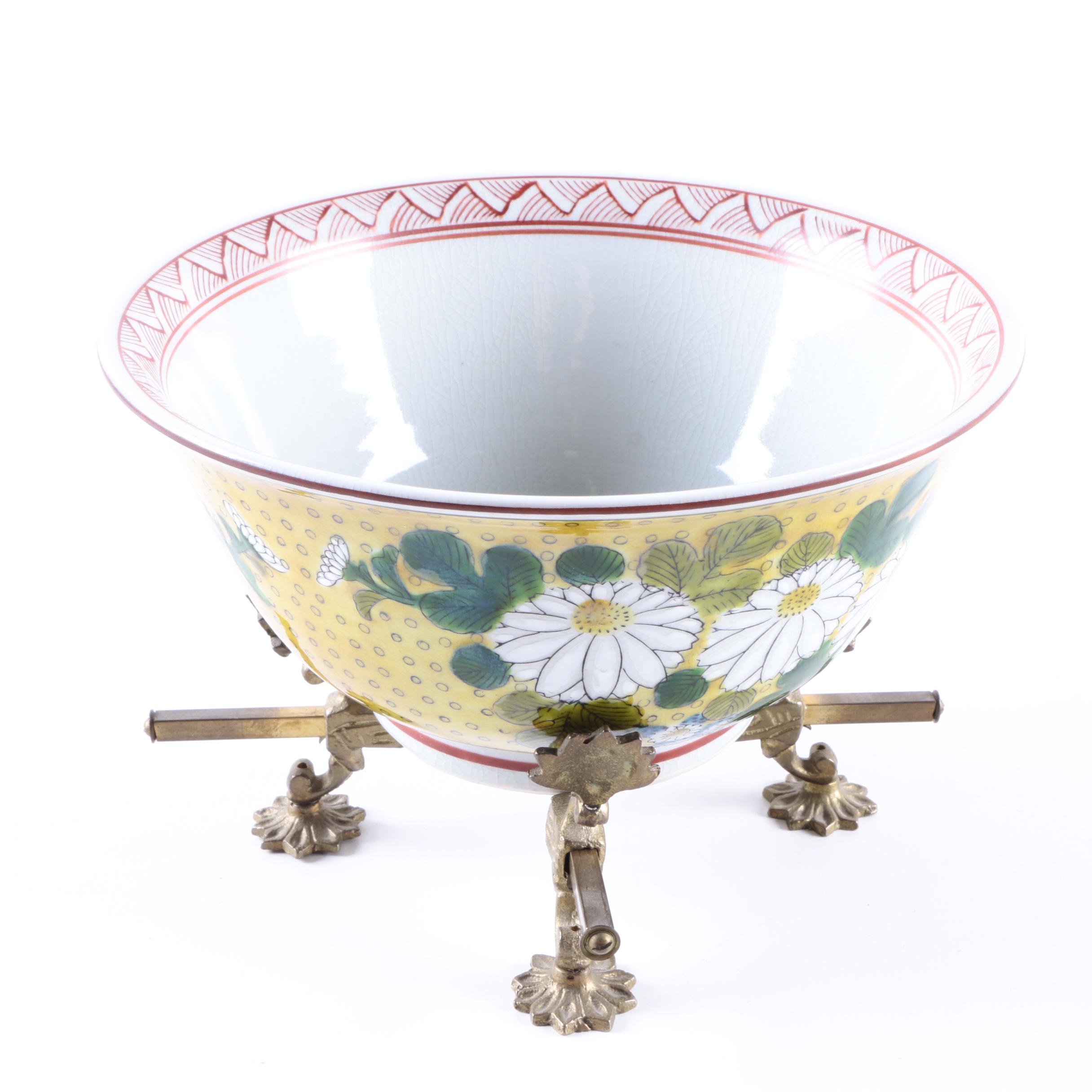 Japanese "Old Kutani" Reproduction Porcelain Bowl with Metal Stand
