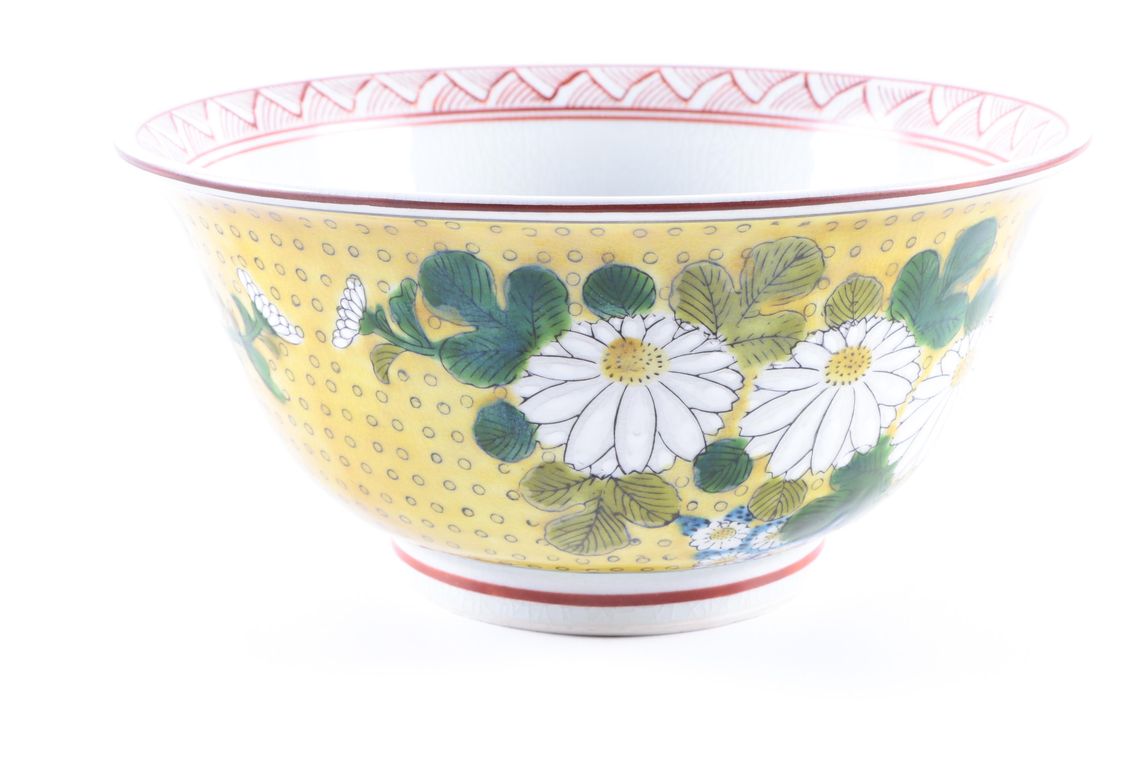 Japanese "Old Kutani" Reproduction Porcelain Bowl with Metal Stand