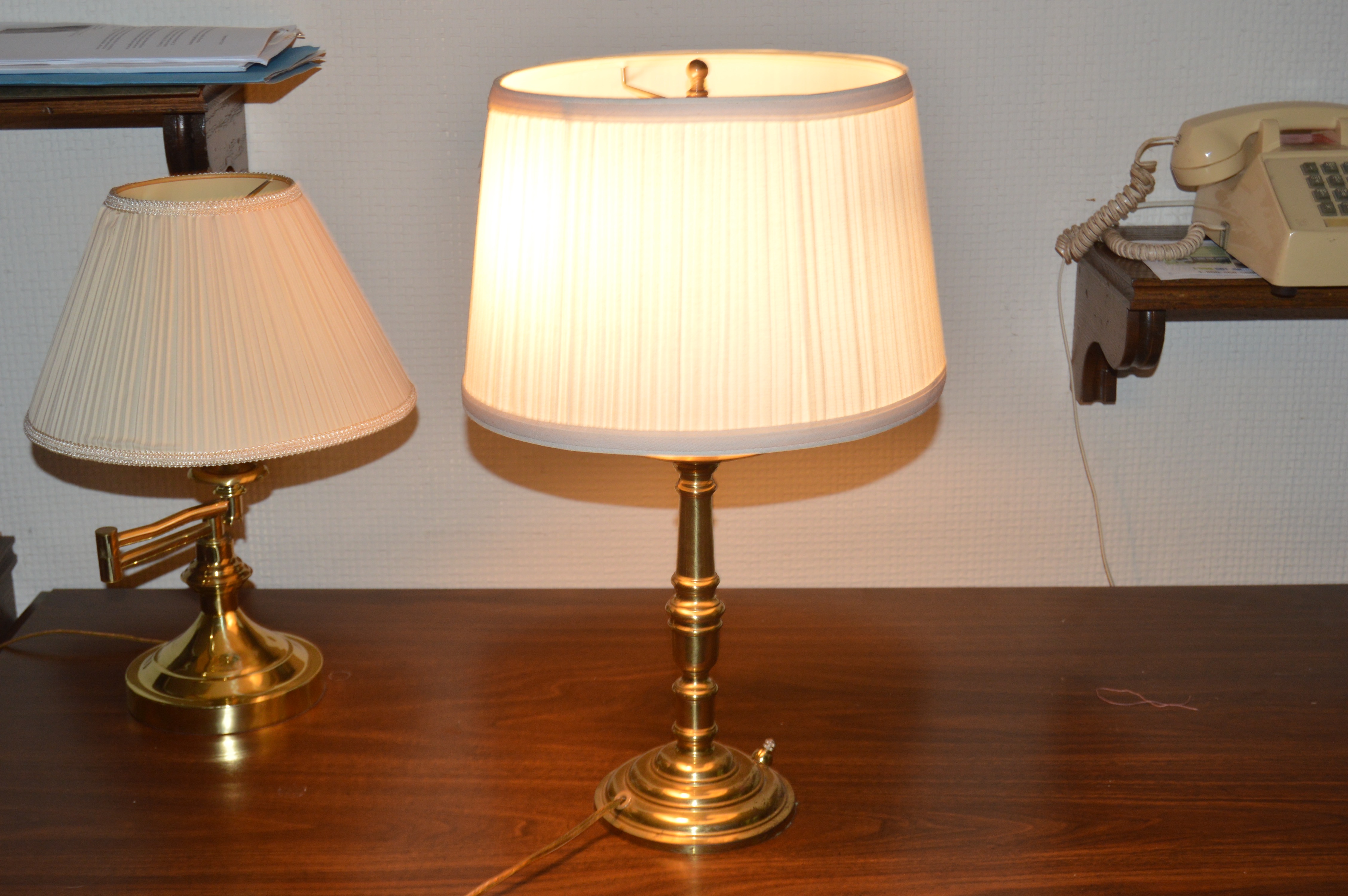 Vintage Kneehole Writing Desk and Brass Accent Lamps