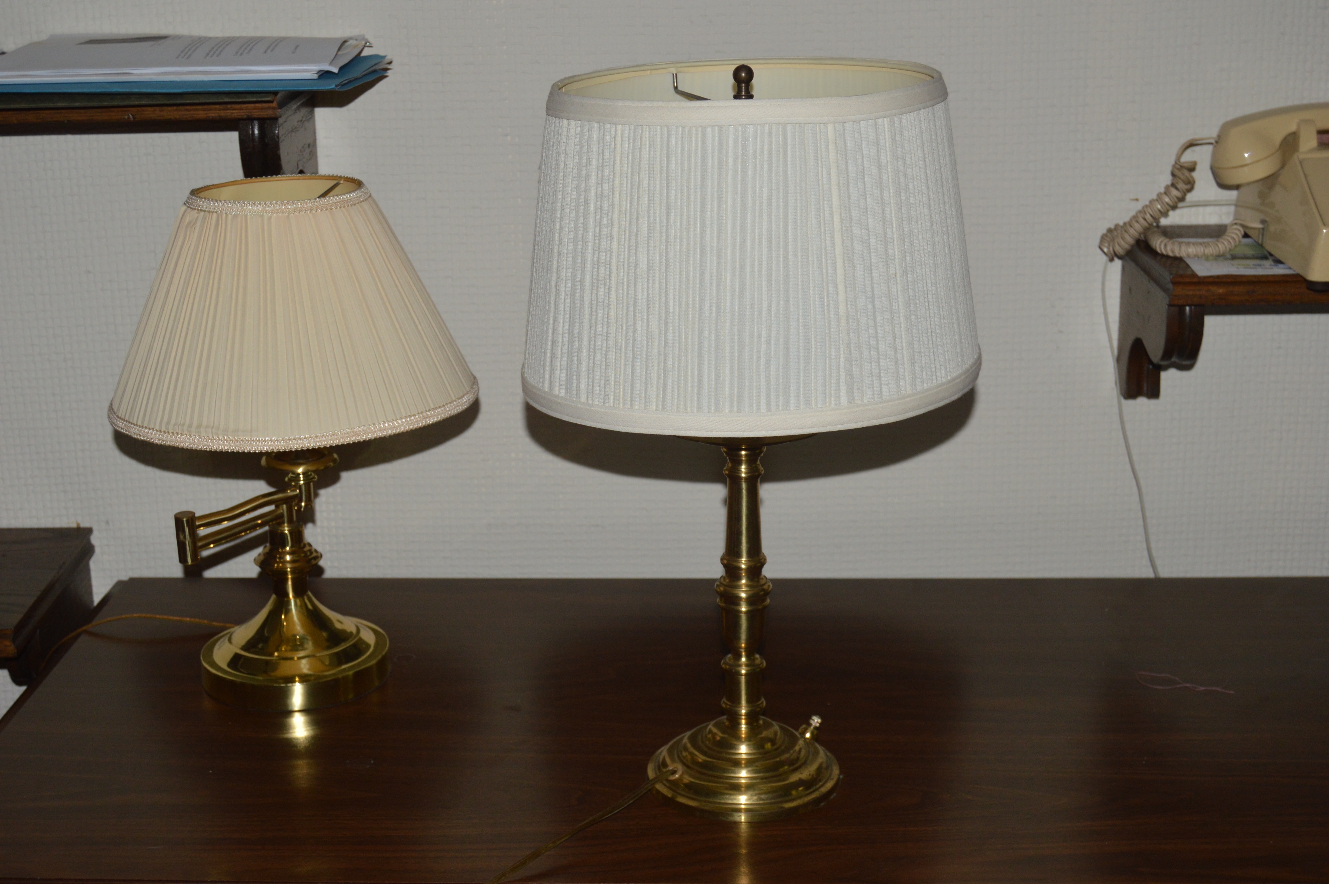 Vintage Kneehole Writing Desk and Brass Accent Lamps