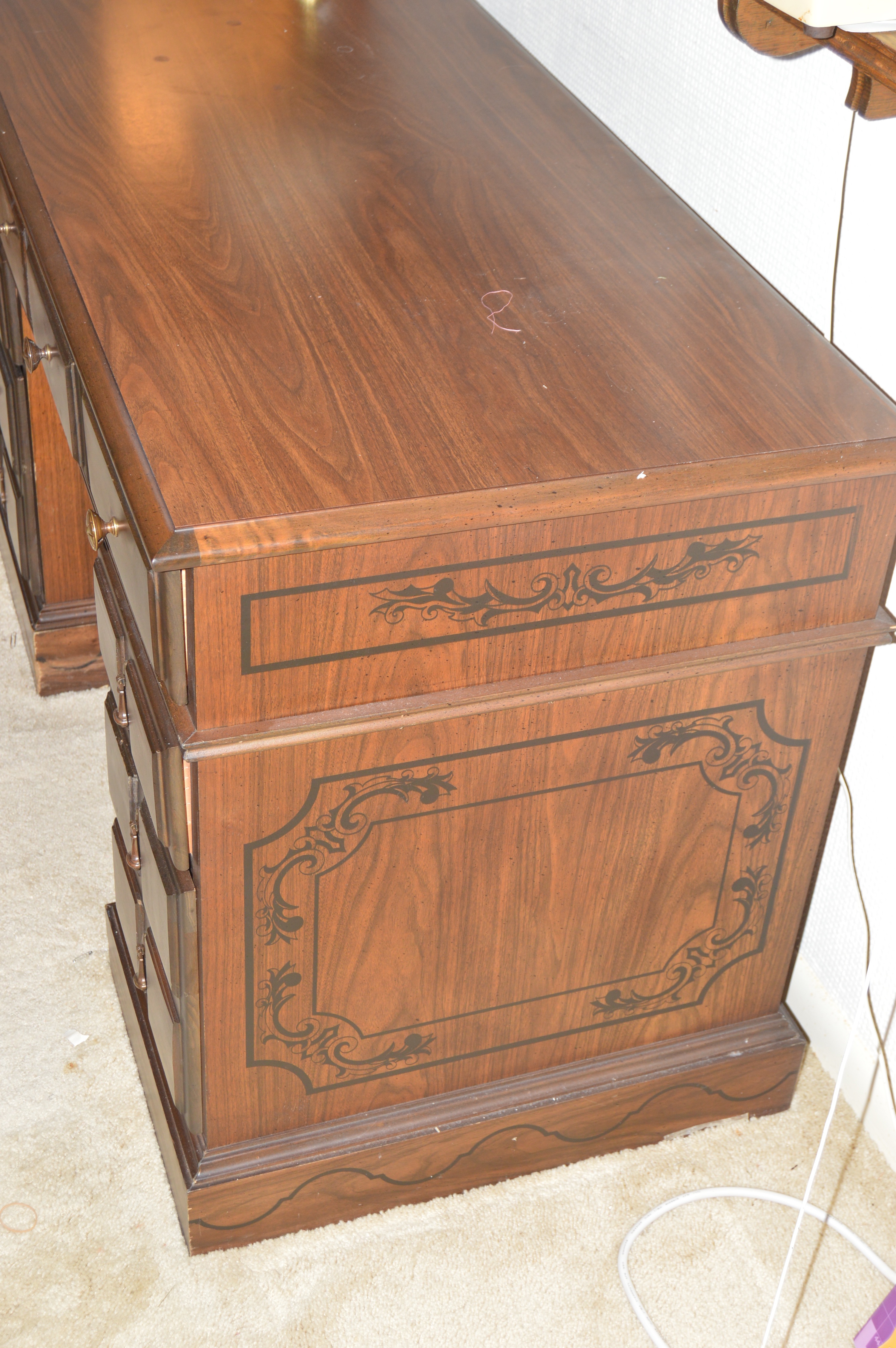 Vintage Kneehole Writing Desk and Brass Accent Lamps
