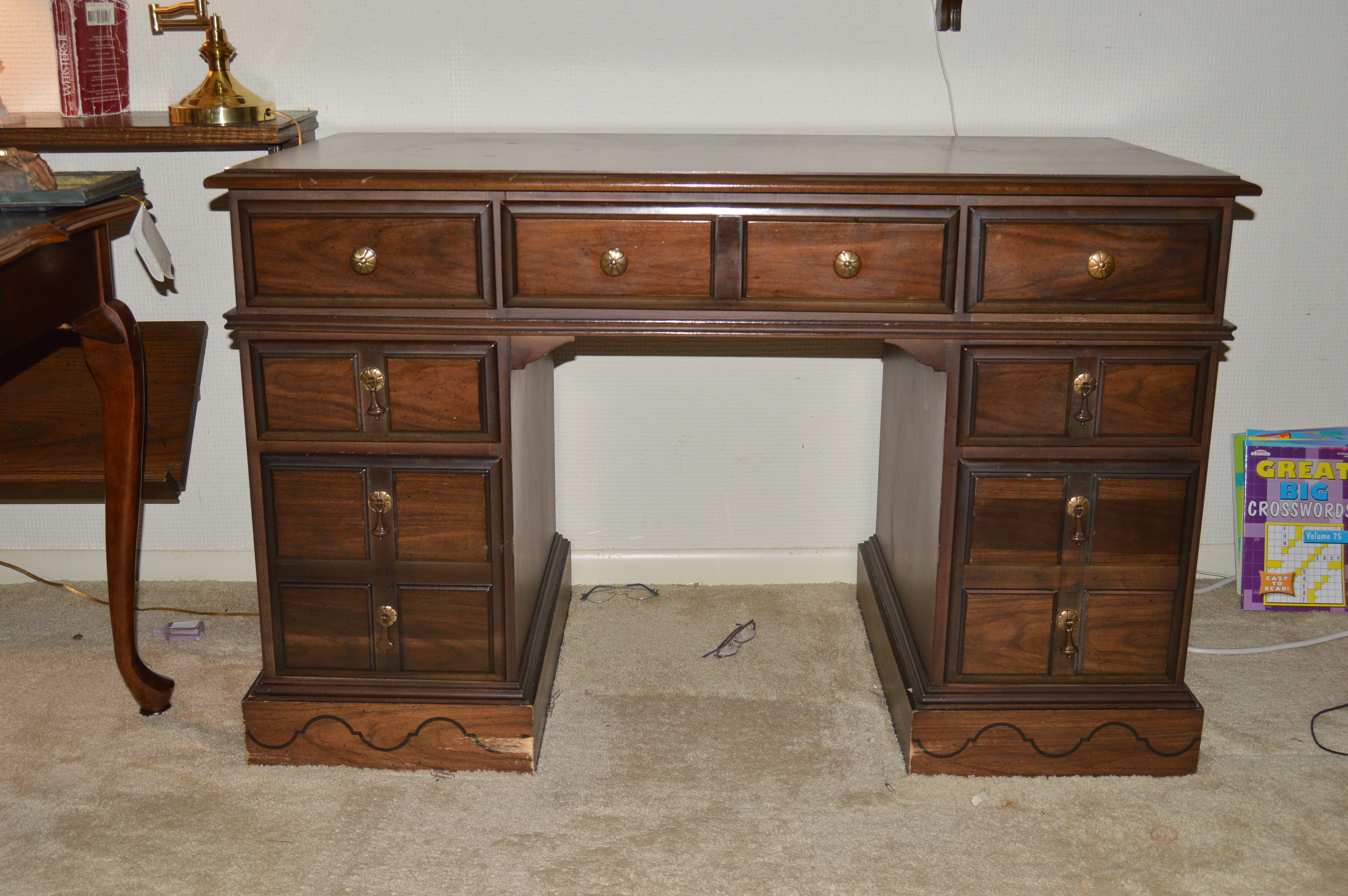 Vintage Kneehole Writing Desk and Brass Accent Lamps