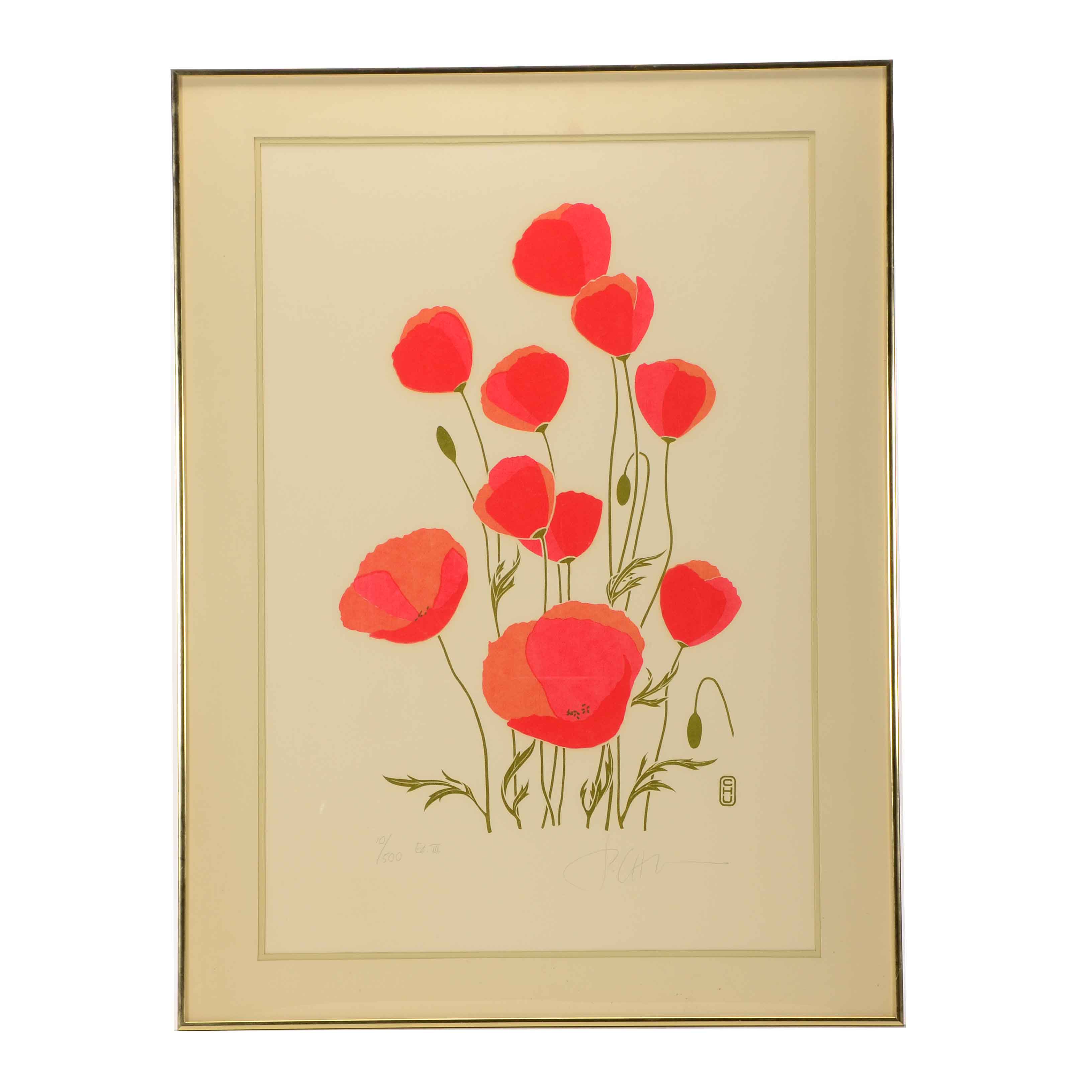 P. Chu Signed Serigraph of Poppies