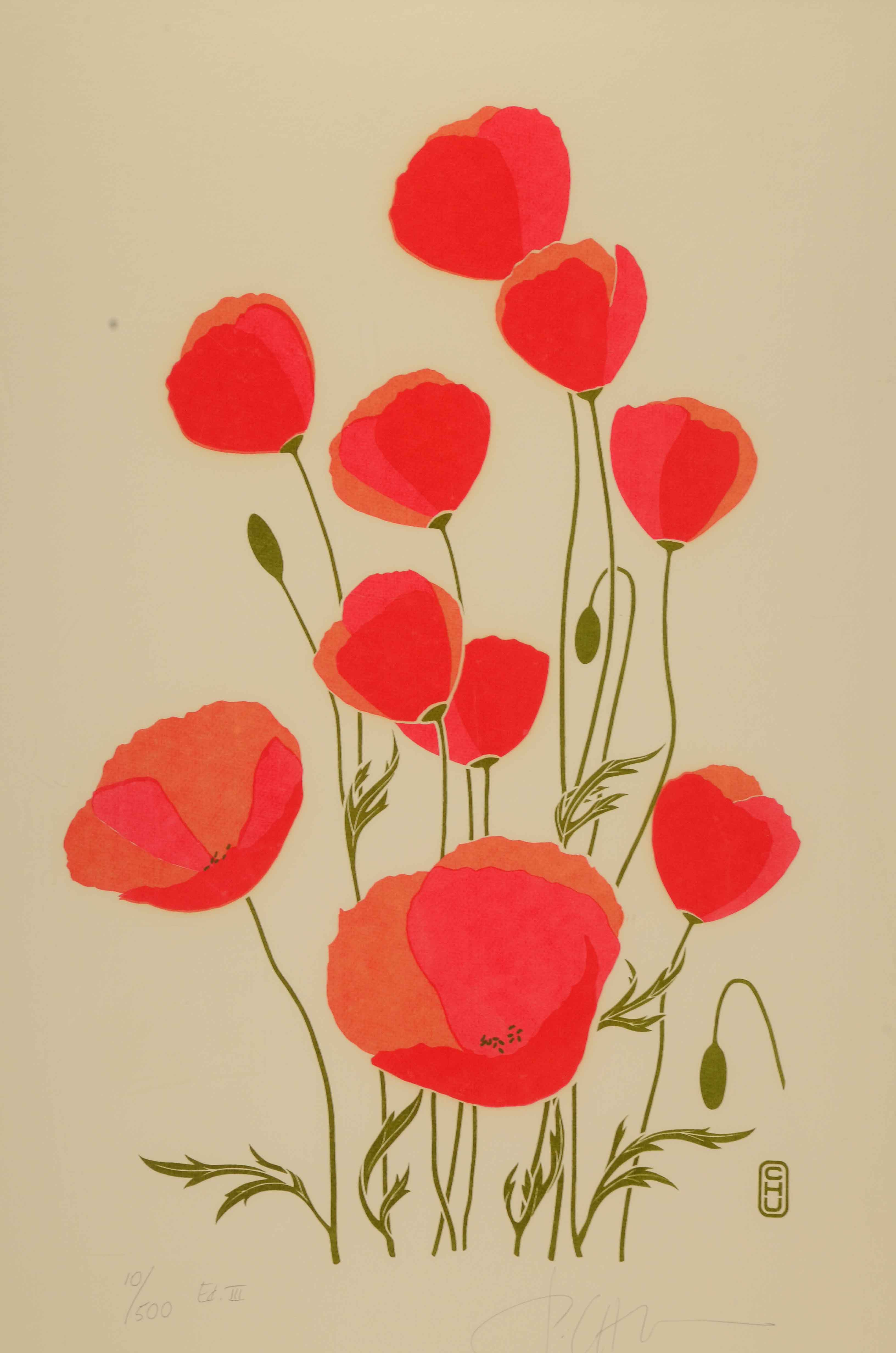 P. Chu Signed Serigraph of Poppies