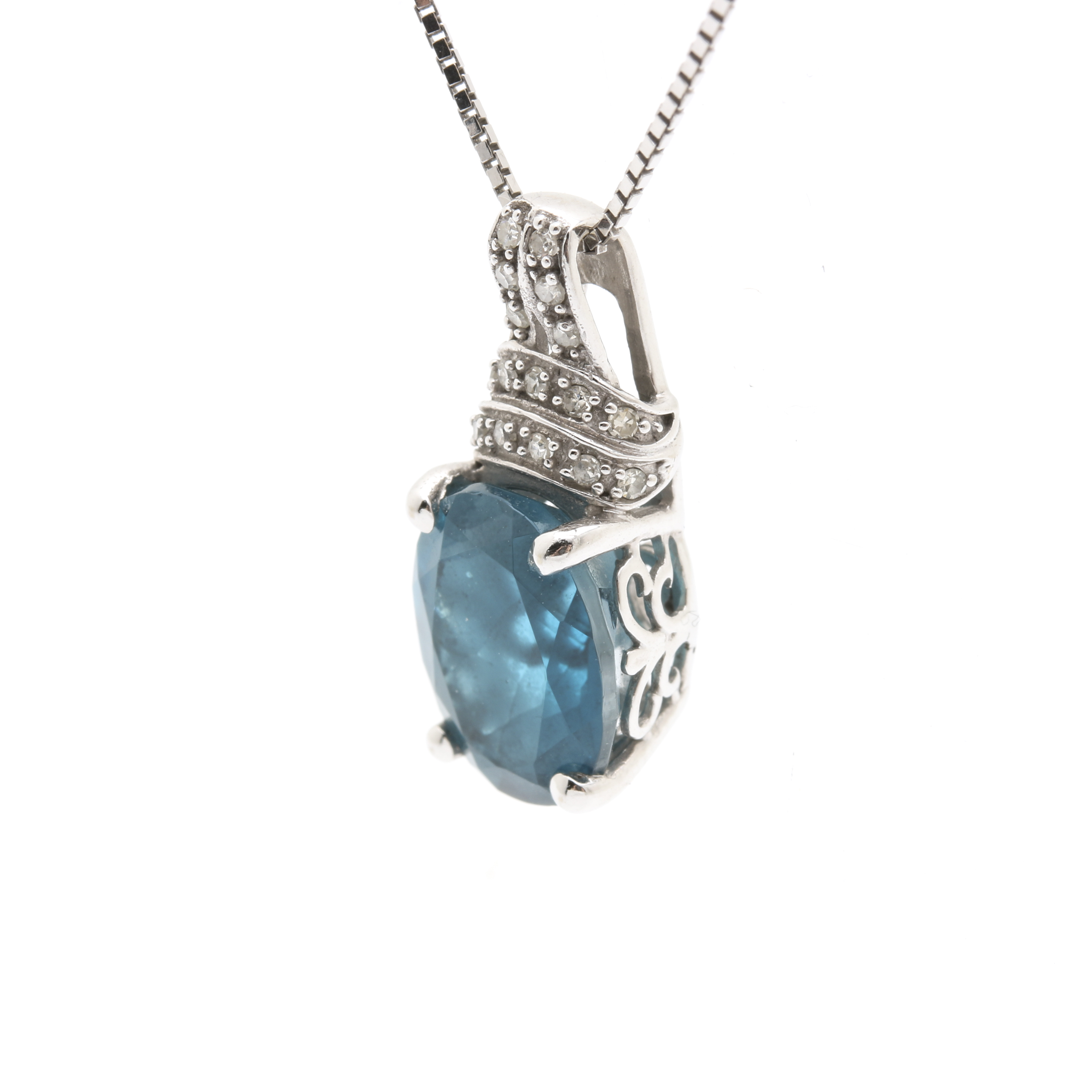 10K White Gold Blue Topaz Pendant Necklace