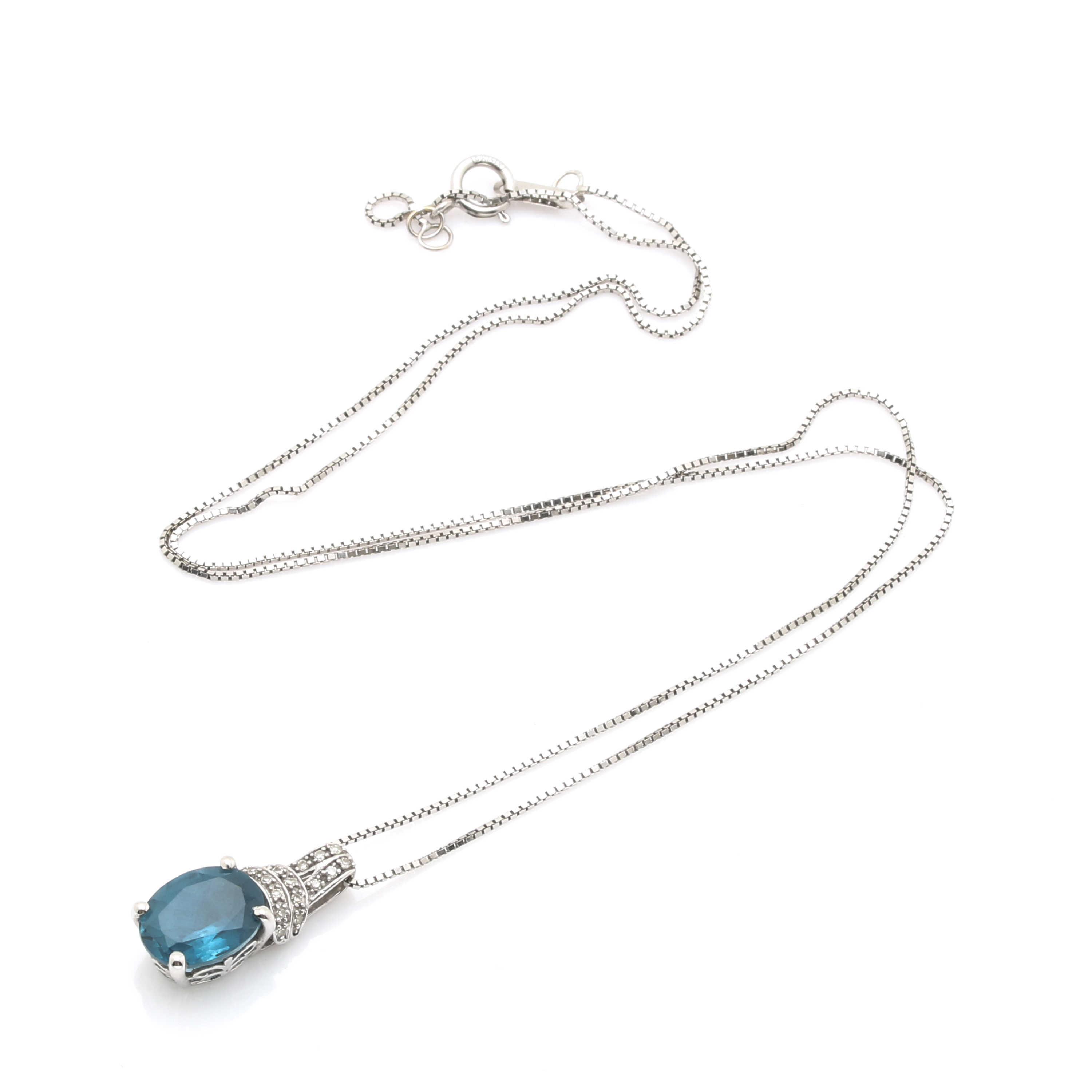 10K White Gold Blue Topaz Pendant Necklace