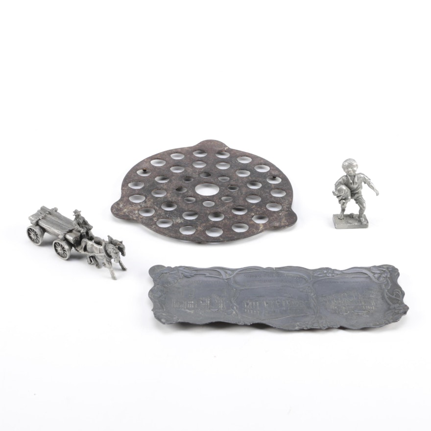 Cast Iron Trivet and Pewter Tray and Figurines