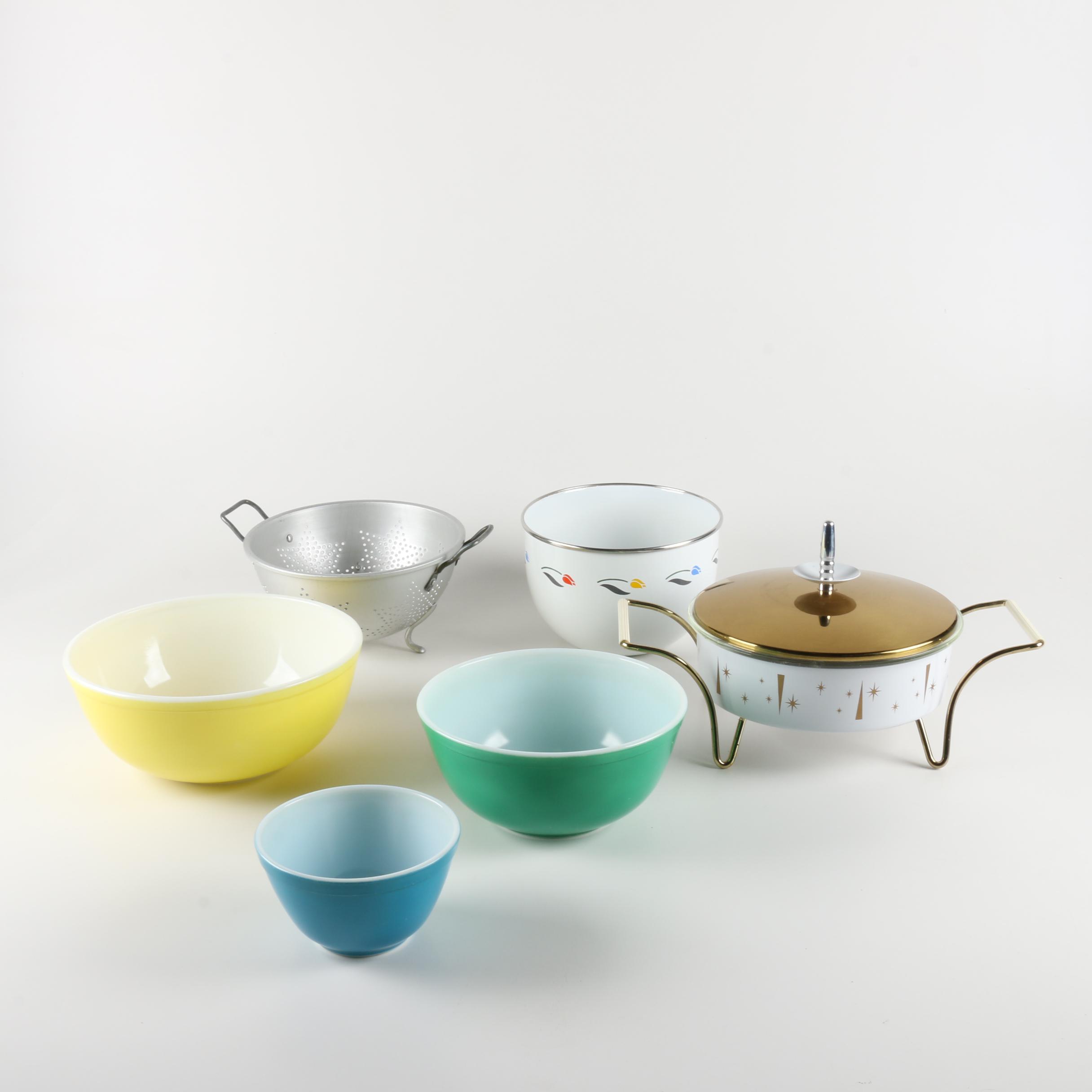 Pyrex "Primary Colors" Nesting Mixing Bowls and Mid Century Modern Chafing Dish