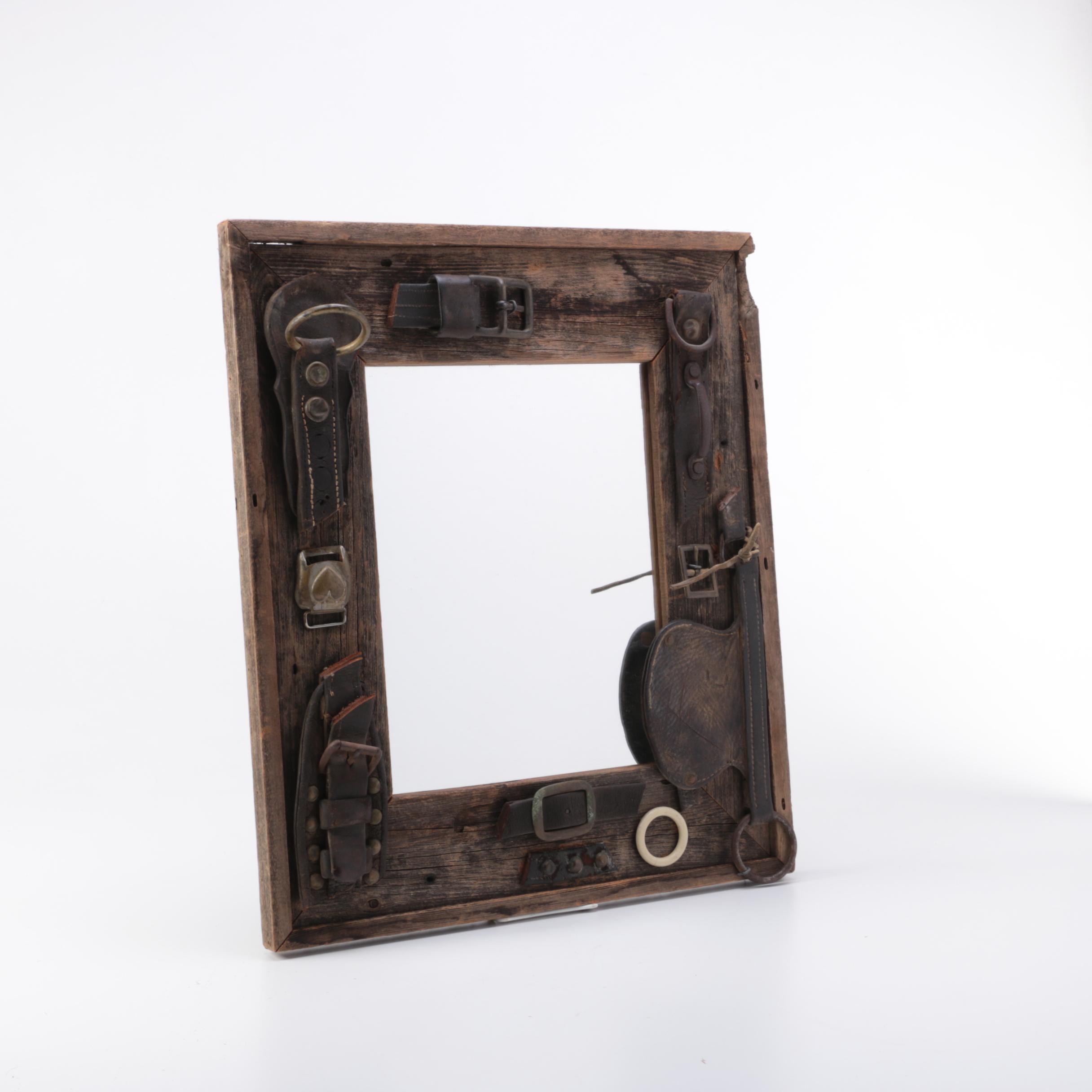 Mirror with Wooden Frame and Leather Strap Accents