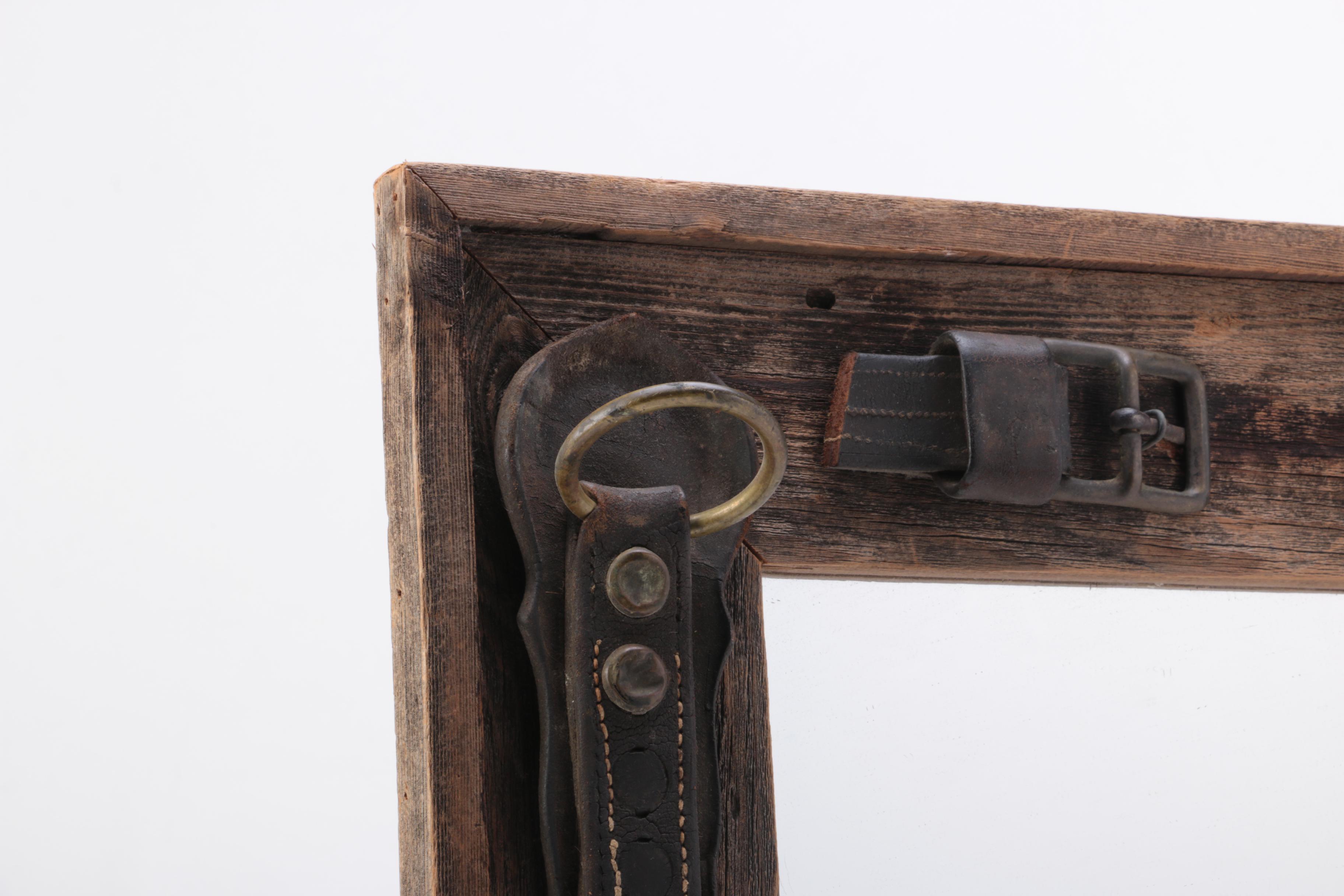 Mirror with Wooden Frame and Leather Strap Accents