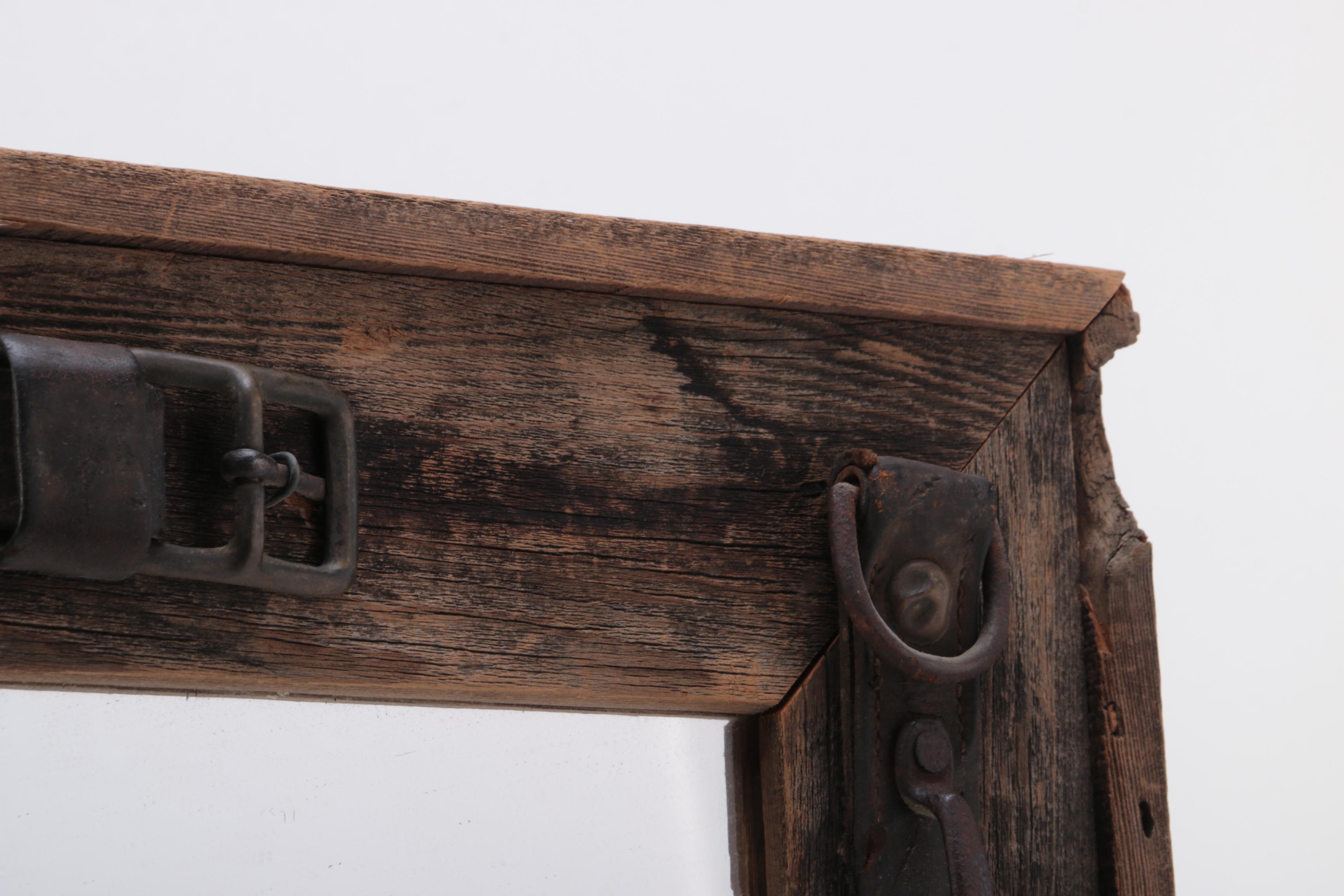 Mirror with Wooden Frame and Leather Strap Accents