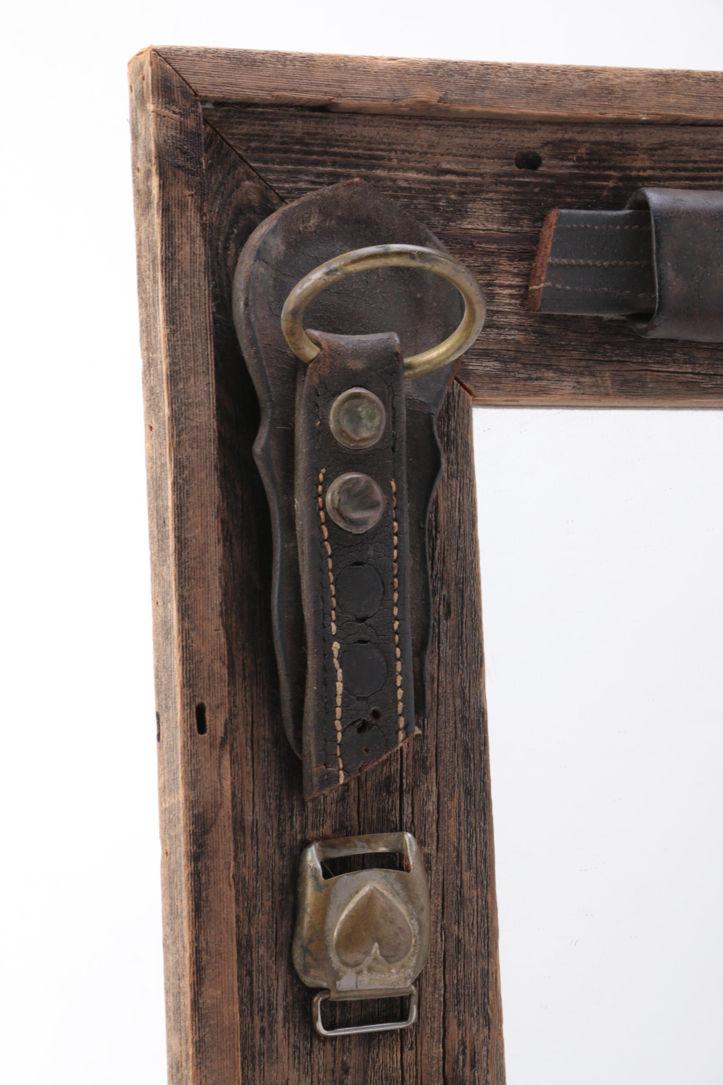 Mirror with Wooden Frame and Leather Strap Accents