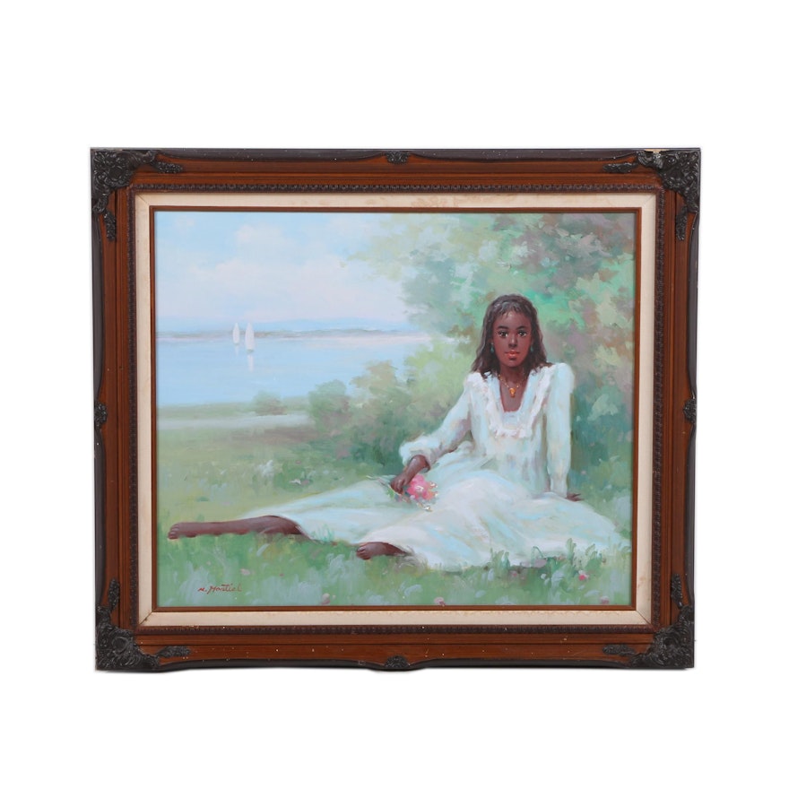 M. Montial Oil Painting on Canvas of a Young Woman