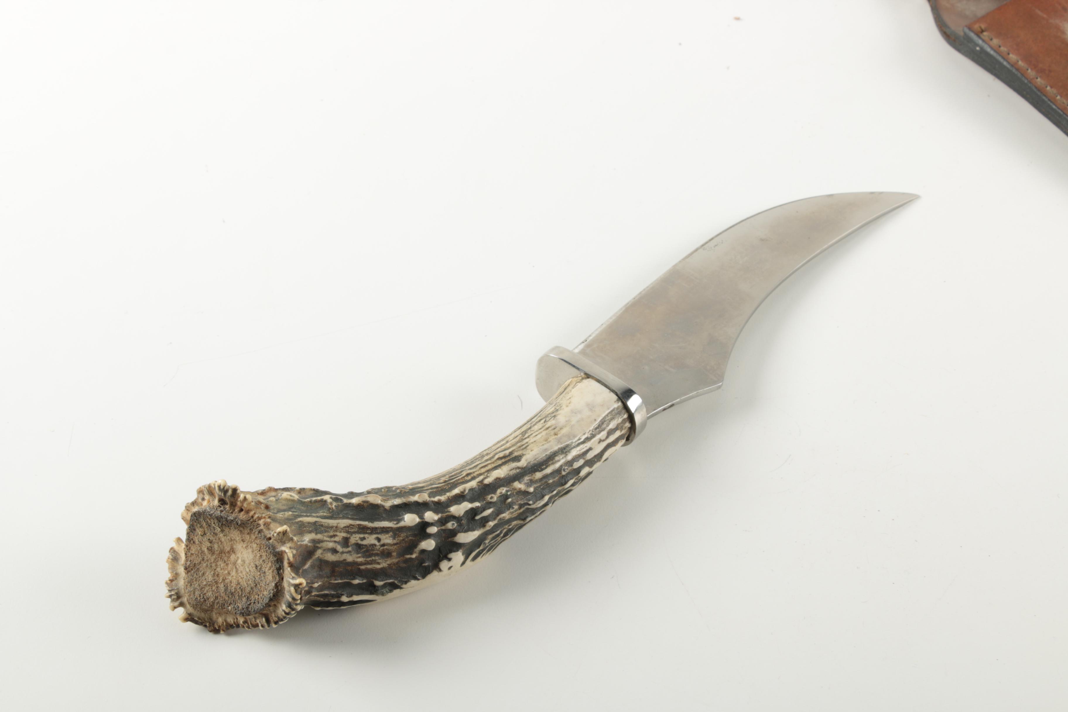 Antler Handle Pearce Hunting Knife and "Western" Leather Sheath