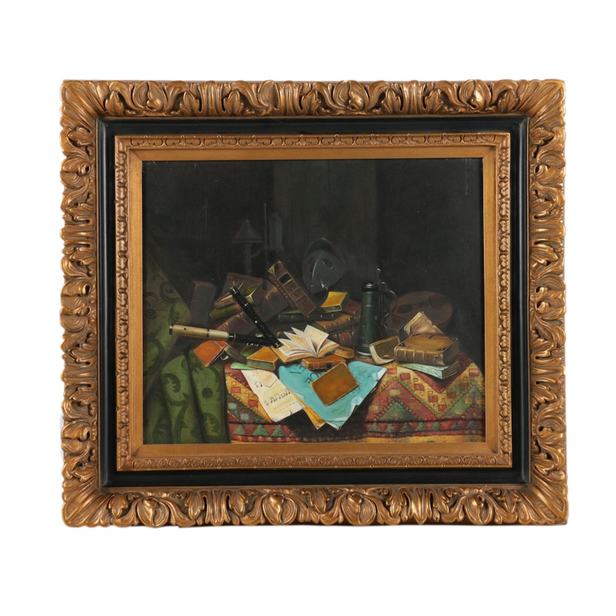 Oil Copy Painting on Canvas after 1882 William Harnett Painting "A Study Table"