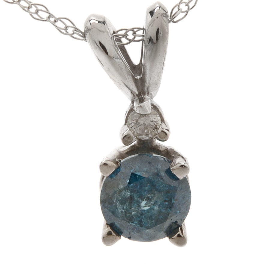 10K and 14K White Gold Irradiated Blue Diamond Pendant Necklace