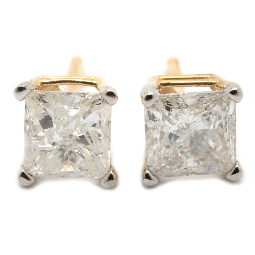 Pair of 14K Yellow Gold 1.05 CTW Princess-Cut Diamond Stud Earrings