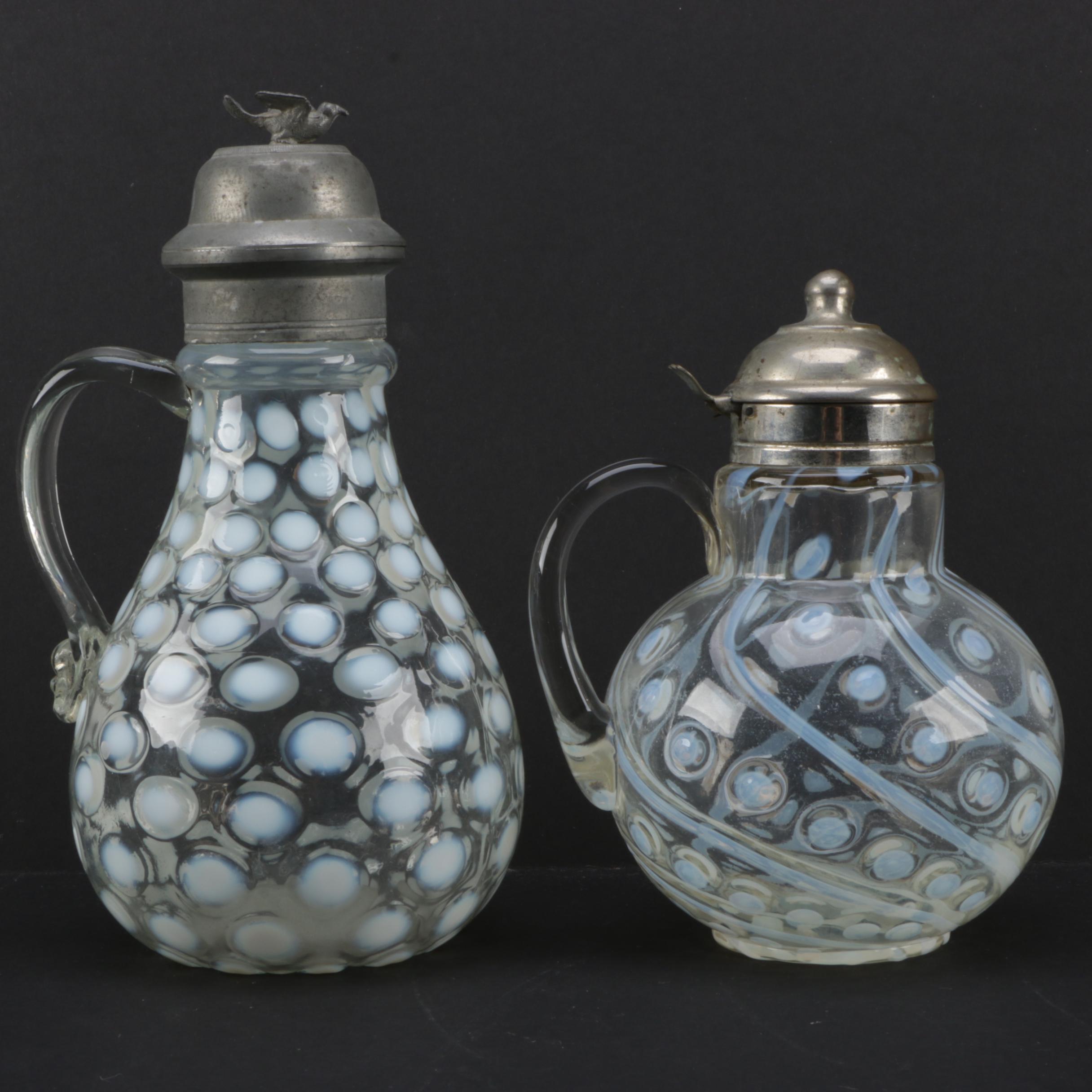 Pair of Antique Glass Coin Dot  Syrup Pitchers