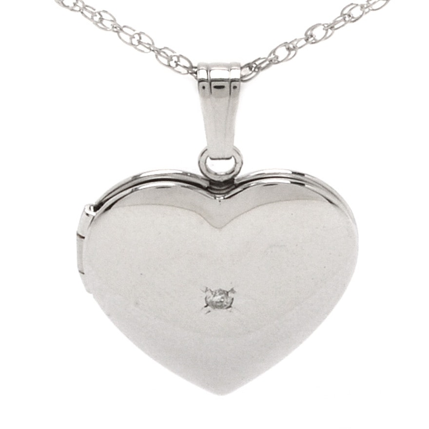 14K White Gold Heart-Shaped with Diamond Locket Pendant Necklace