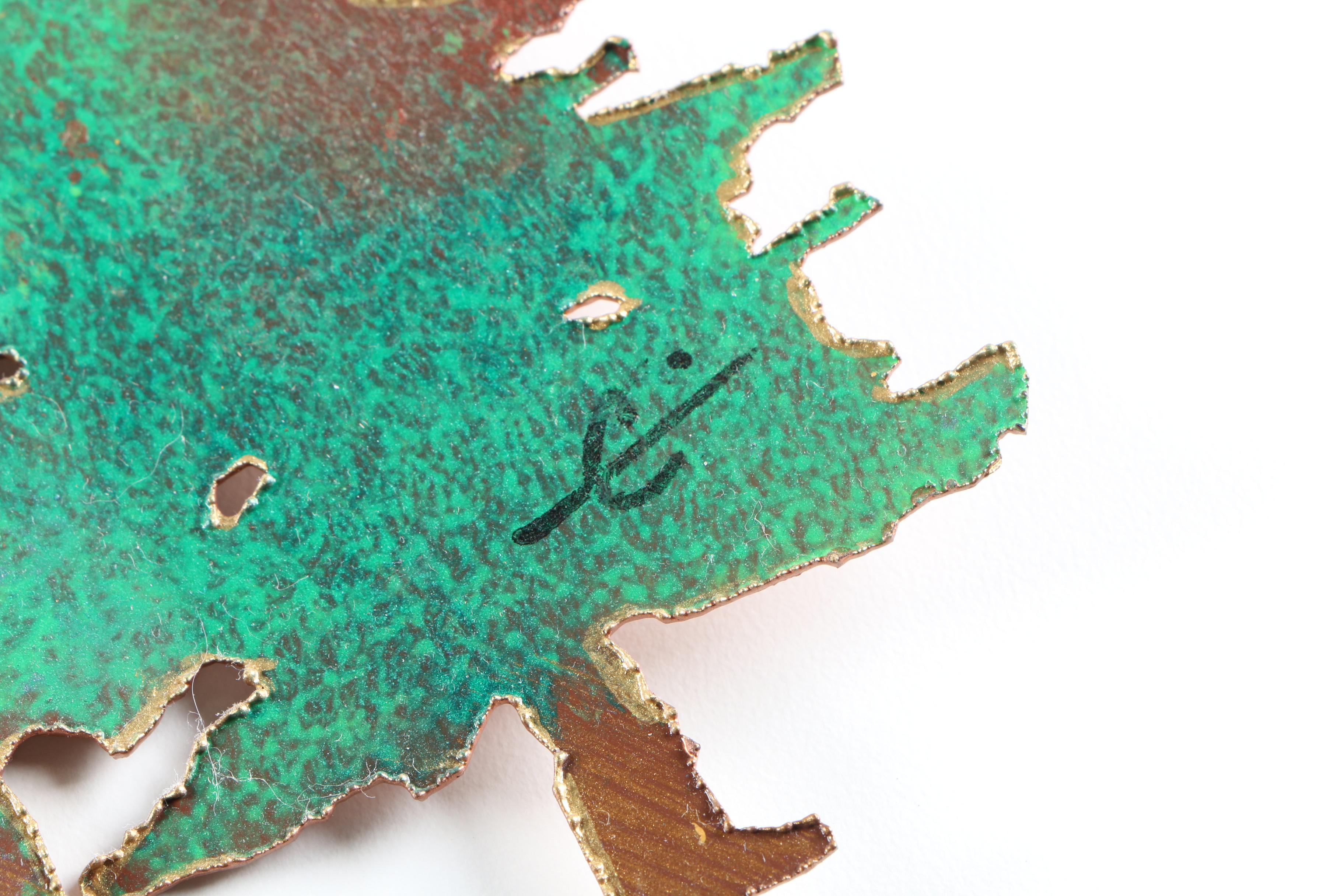 Painted Metal Wall Sculpture of Evergreens in the Moonlight