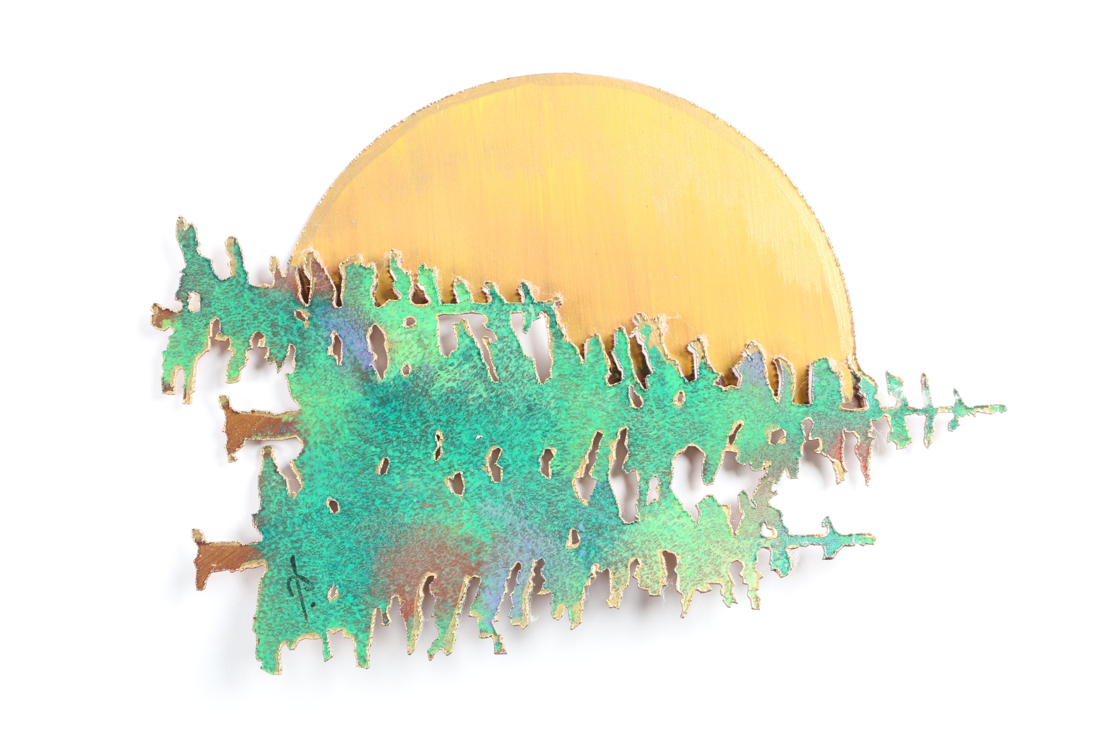 Painted Metal Wall Sculpture of Evergreens in the Moonlight
