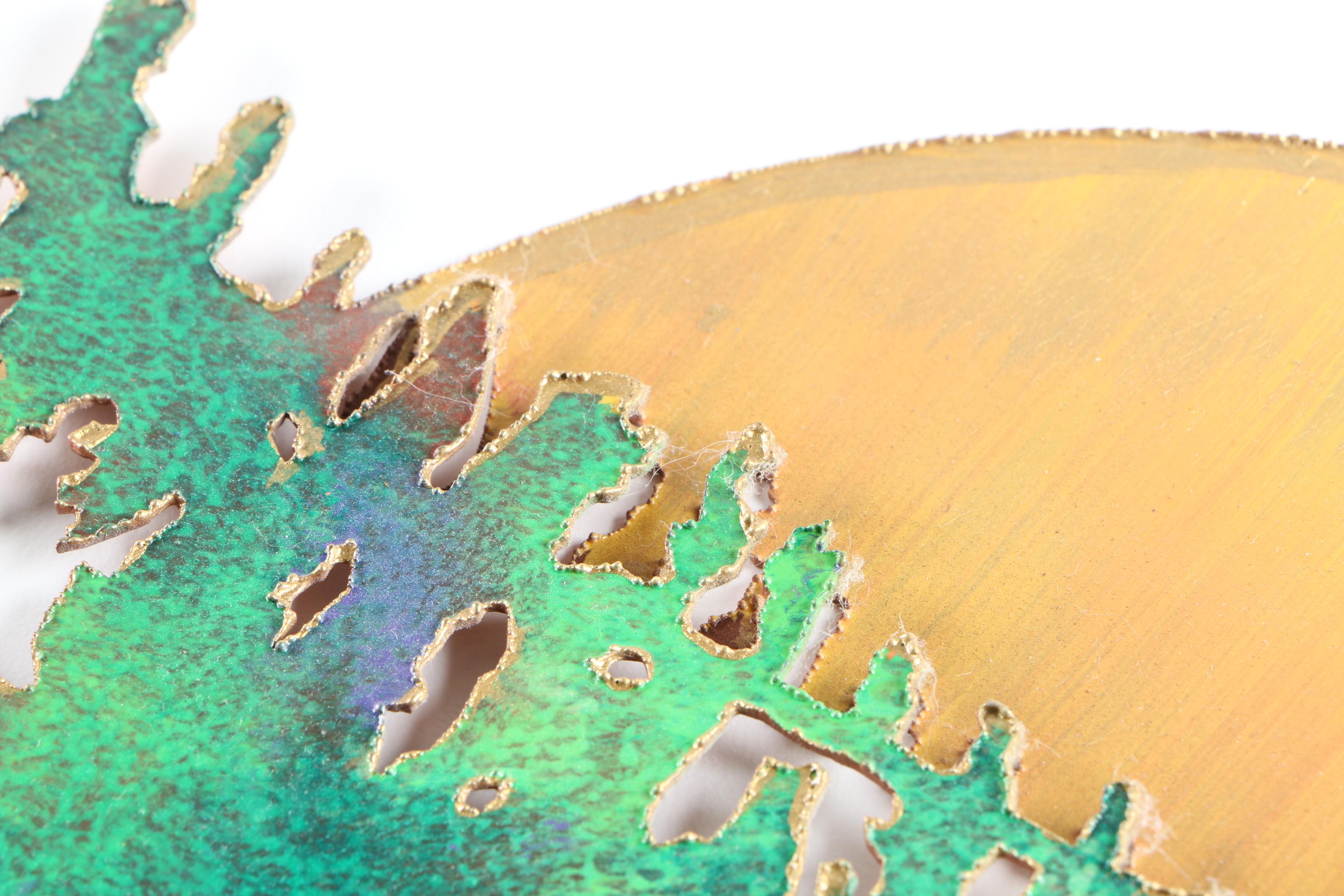 Painted Metal Wall Sculpture of Evergreens in the Moonlight