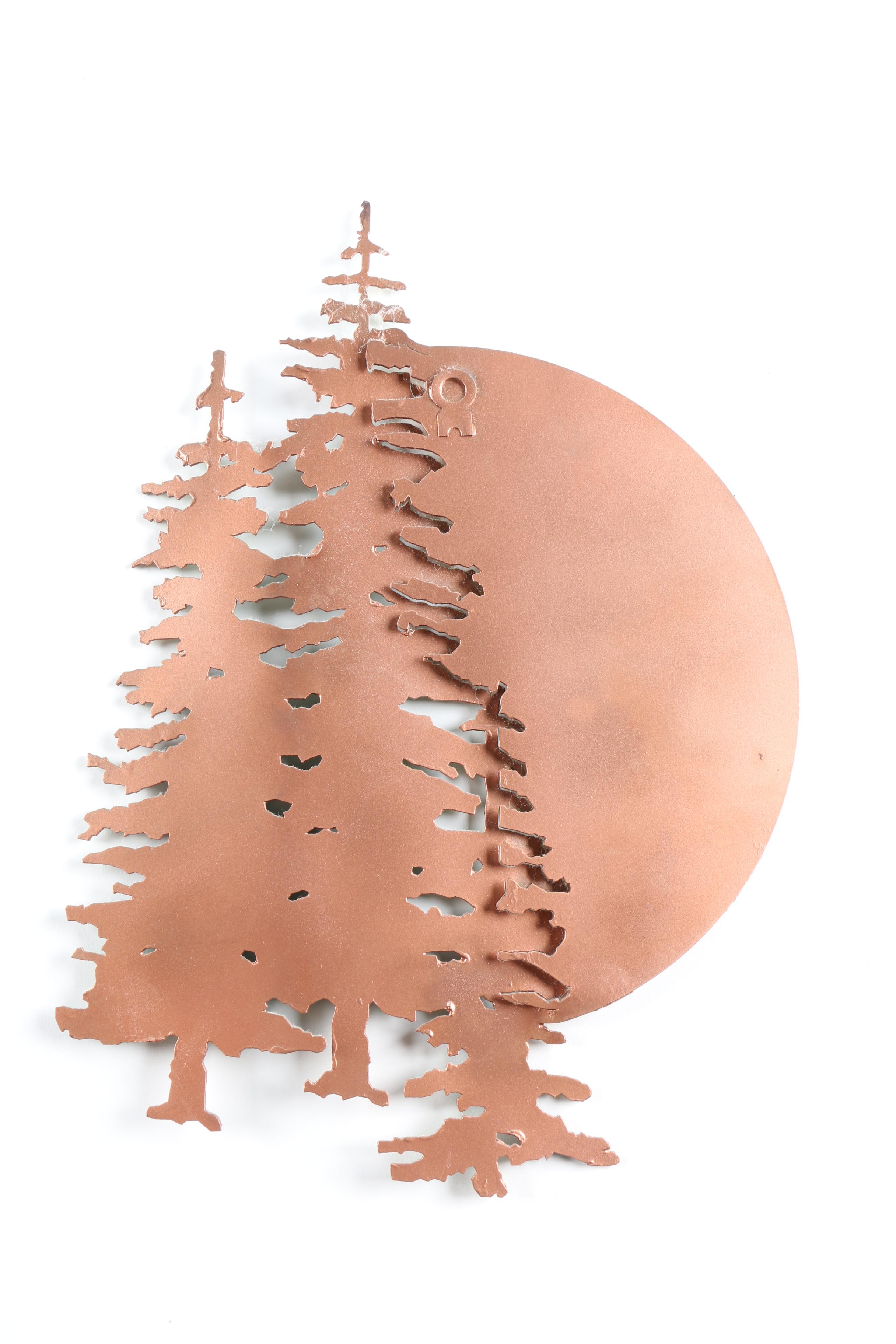 Painted Metal Wall Sculpture of Evergreens in the Moonlight