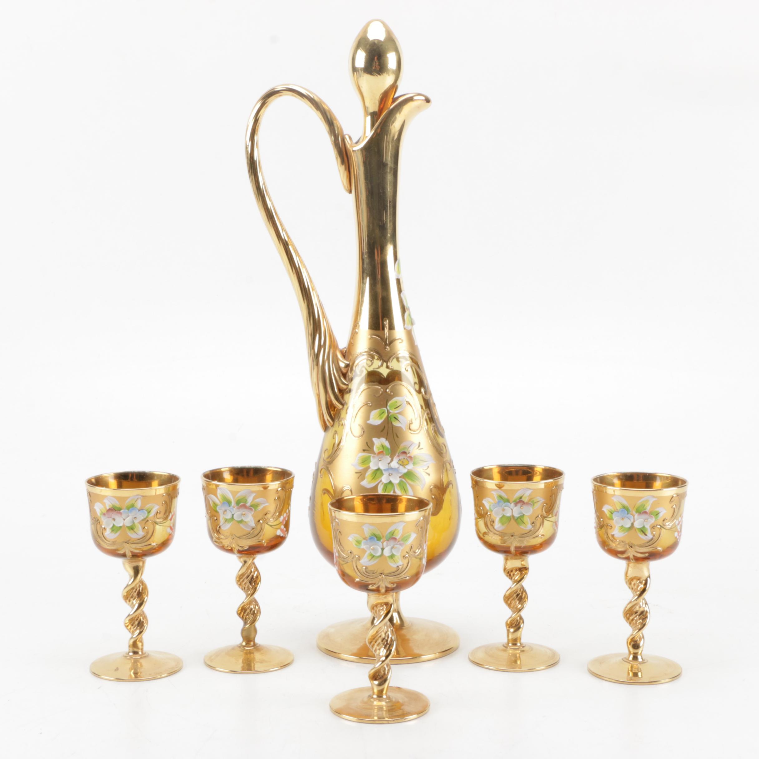 Hand Painted Bohemian Glass Decanter and Cordial Set