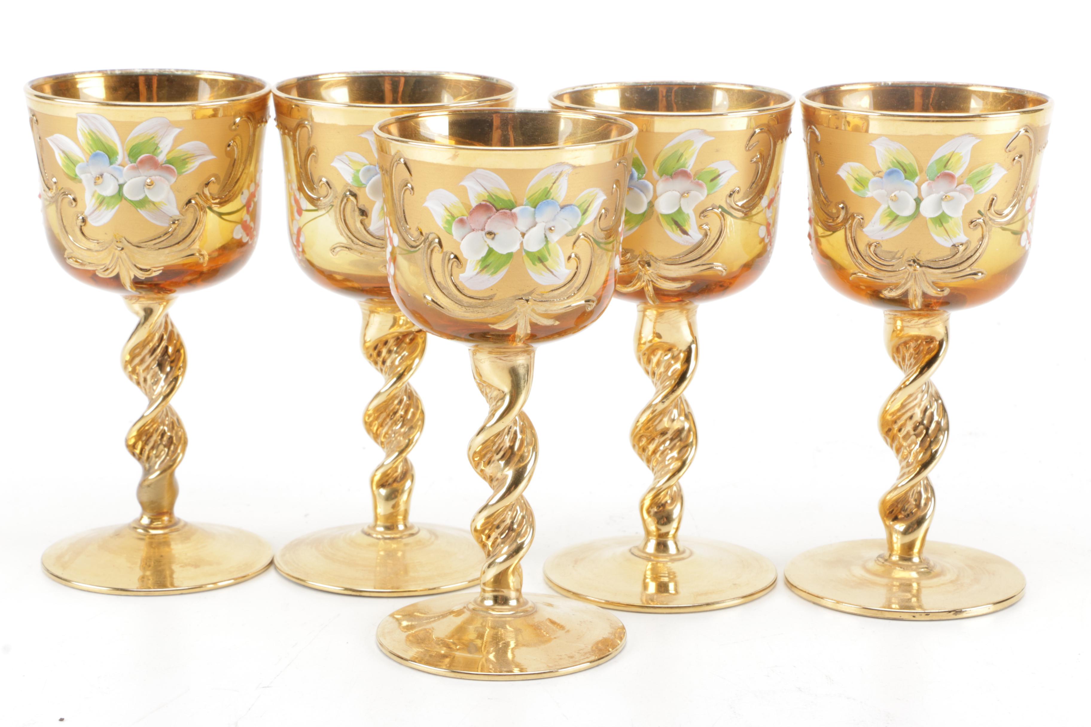 Hand Painted Bohemian Glass Decanter and Cordial Set