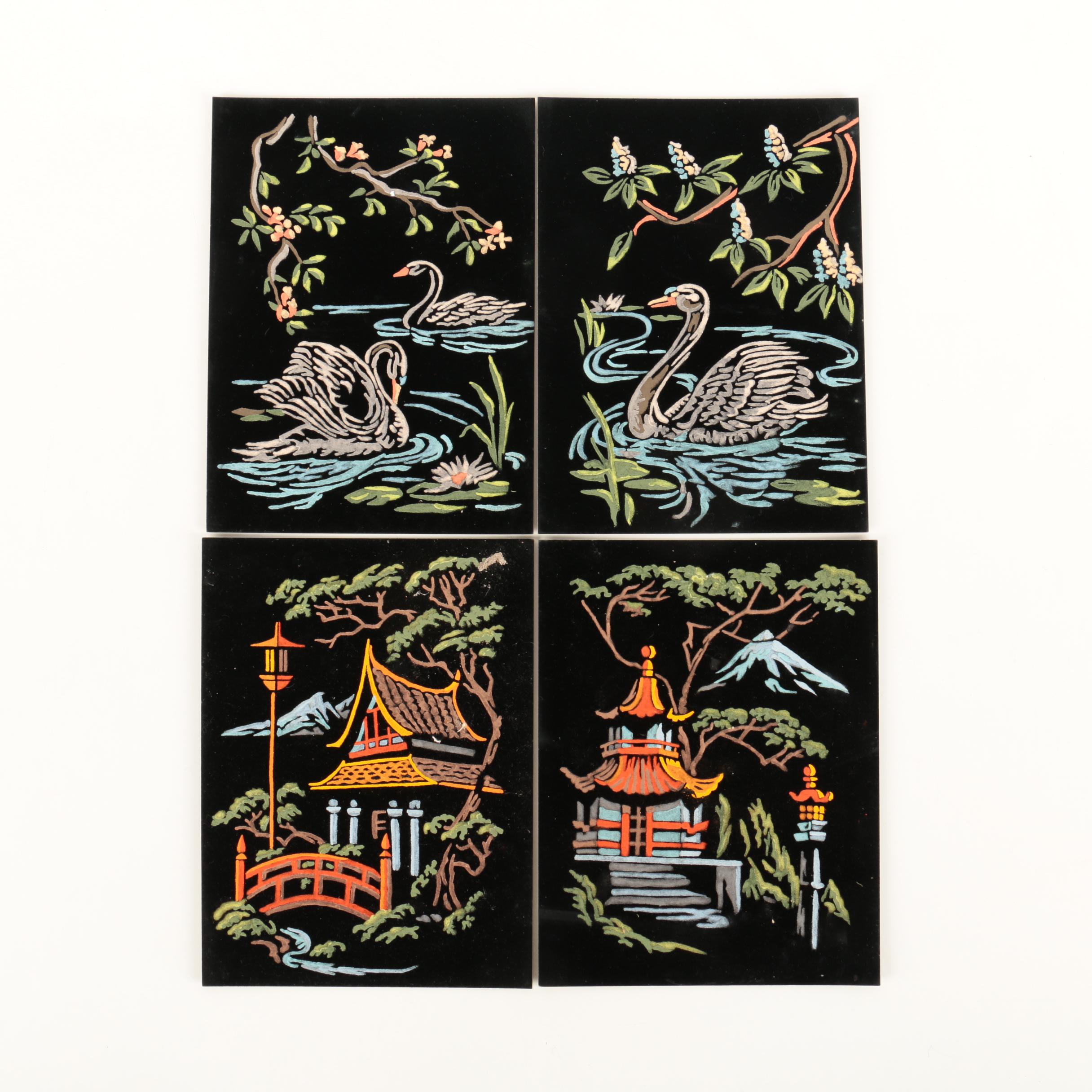 East Asian Inspired Gouache Paintings on Black Velvet