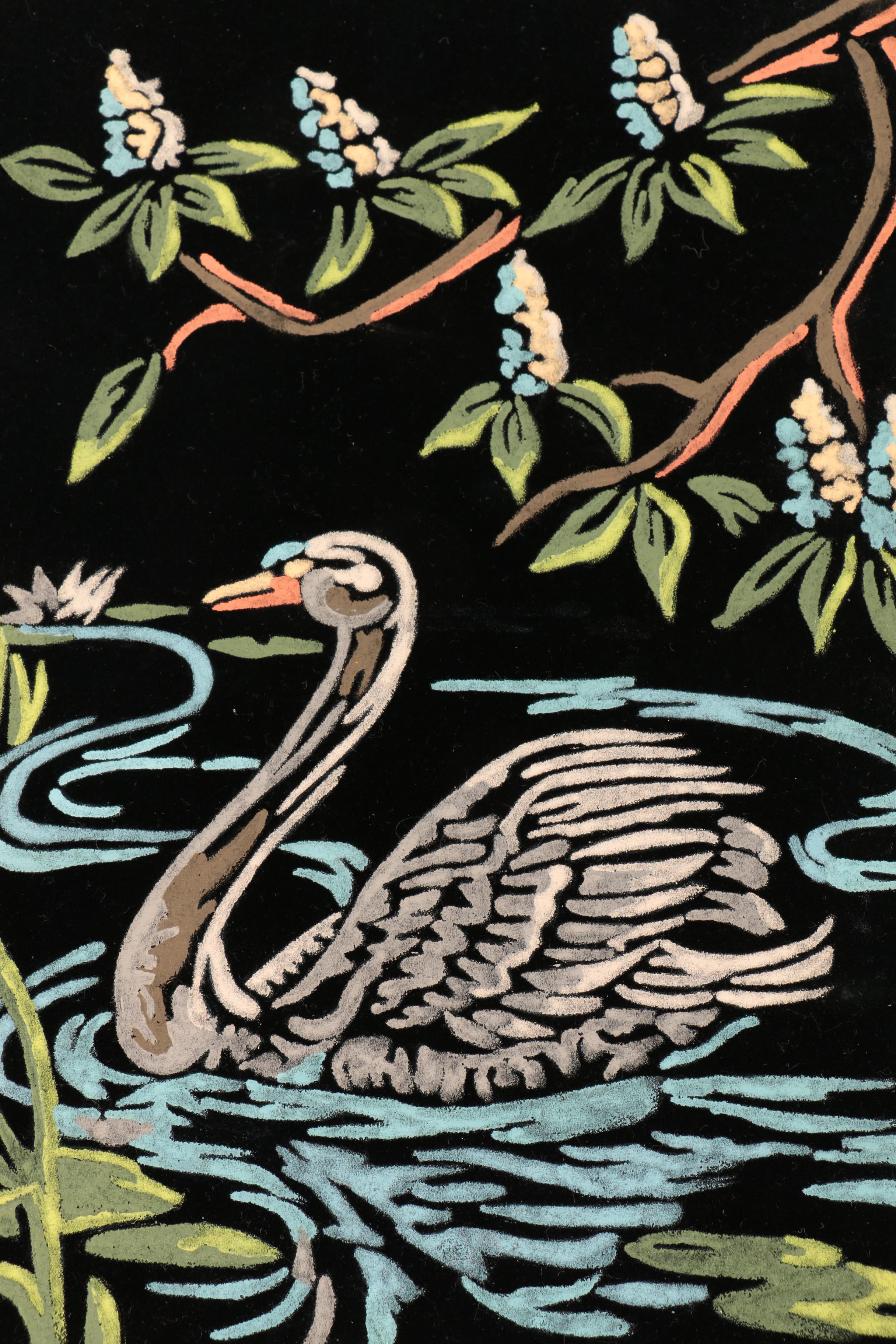 East Asian Inspired Gouache Paintings on Black Velvet