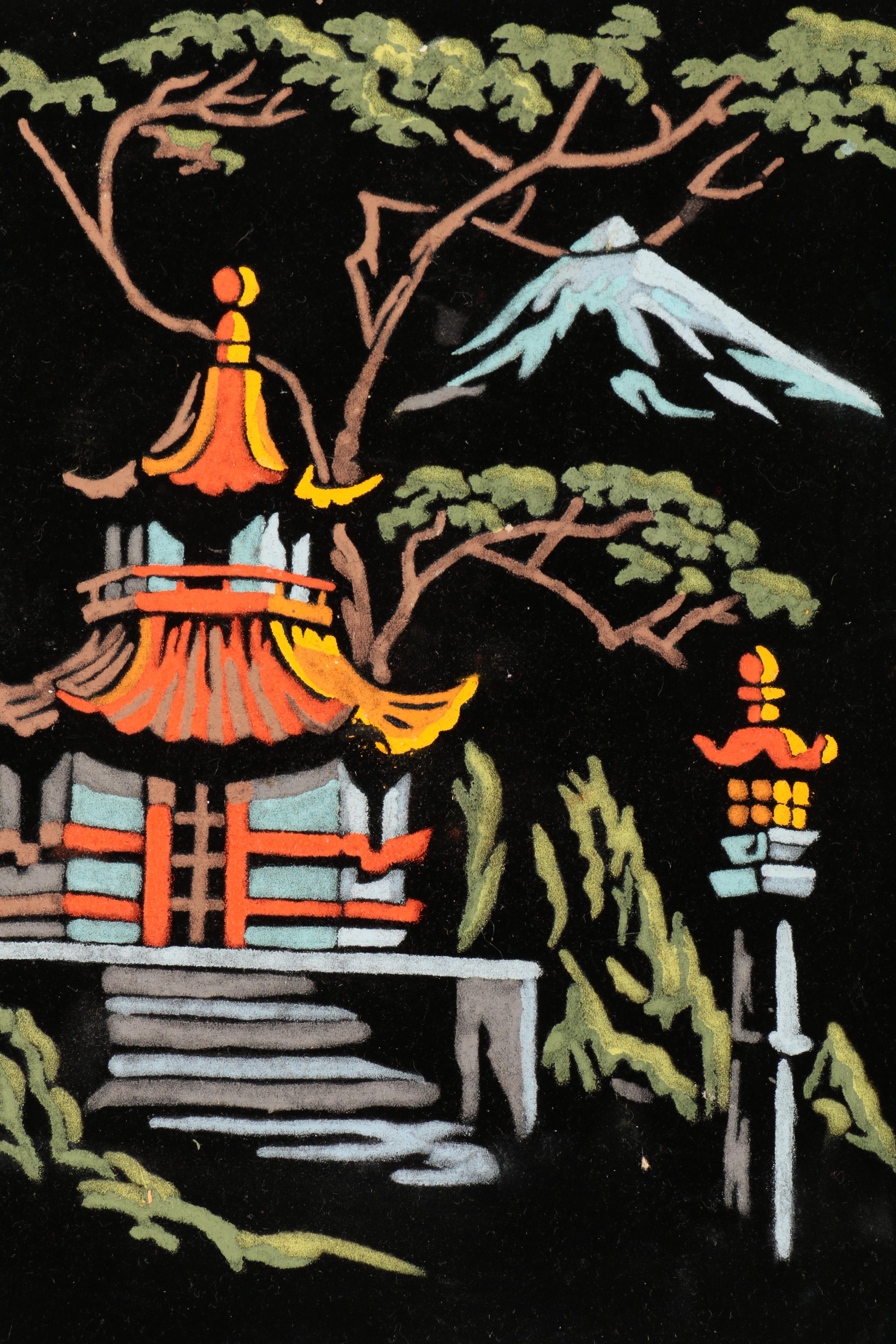 East Asian Inspired Gouache Paintings on Black Velvet