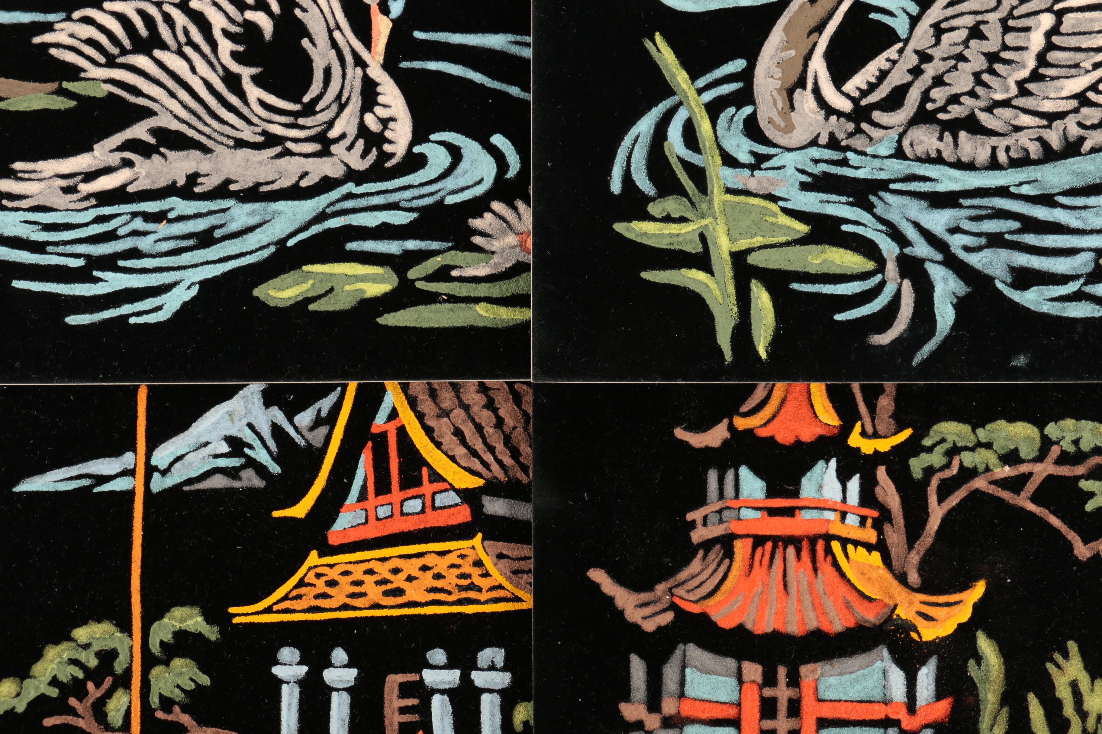 East Asian Inspired Gouache Paintings on Black Velvet