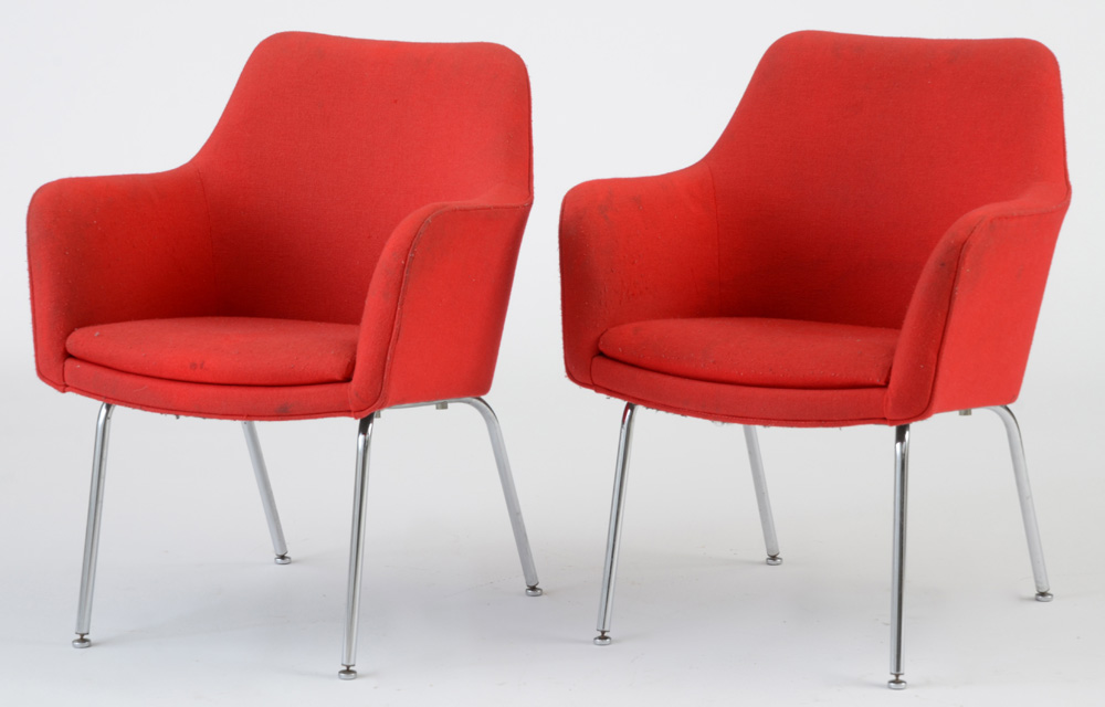 Pair of Two Vintage Red Upholstered Mid Century Modern