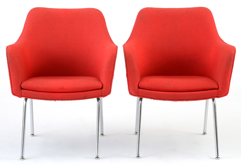 Pair of Two Vintage Red Upholstered Mid Century Modern