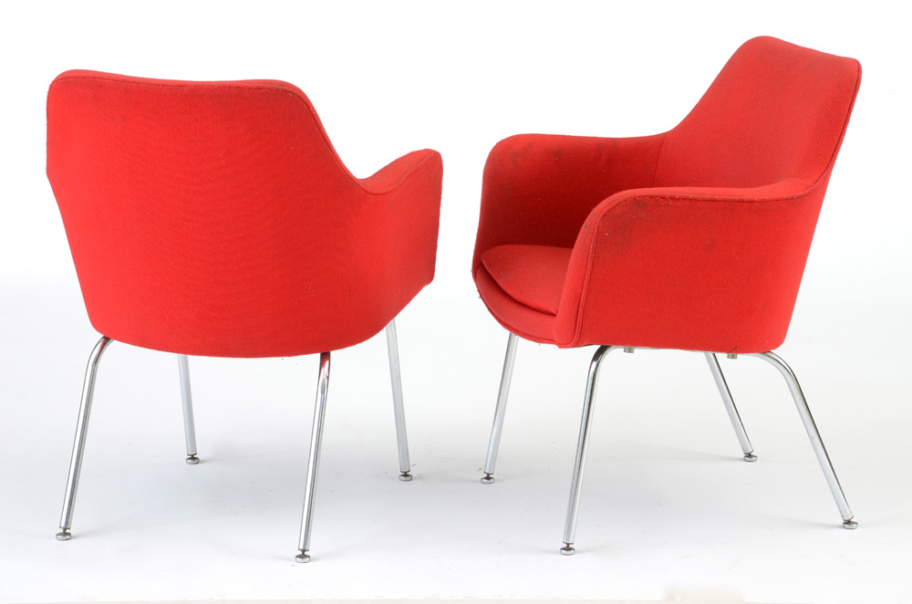 Pair of Two Vintage Red Upholstered Mid Century Modern