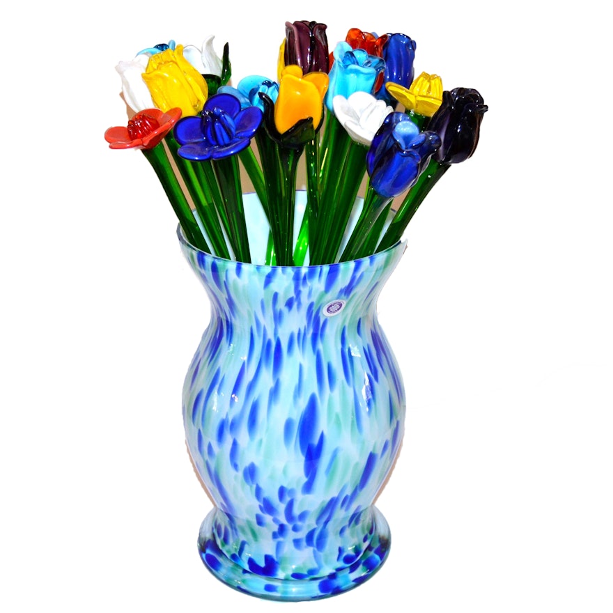 Hand-Blown Glass Vase with Glass Flowers by Momo Panache