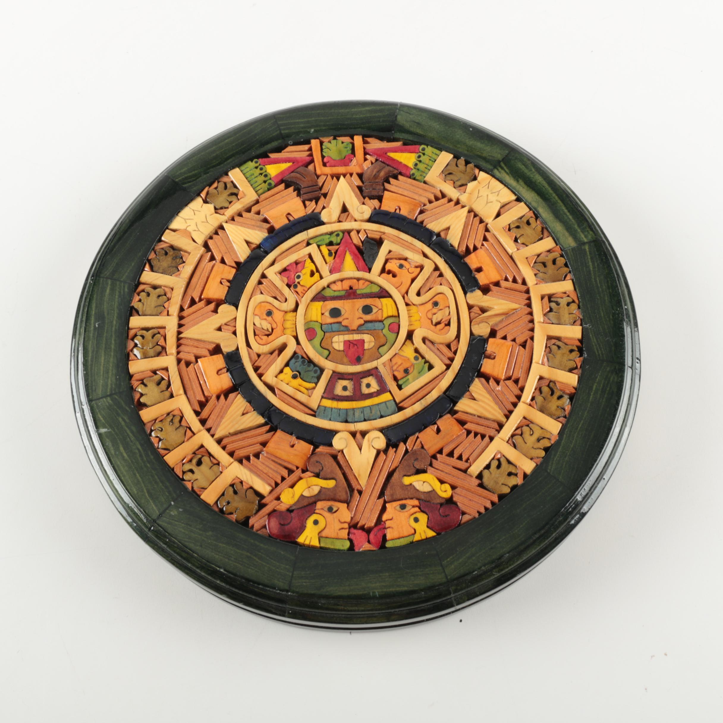 Painted Wood Aztec Calendar